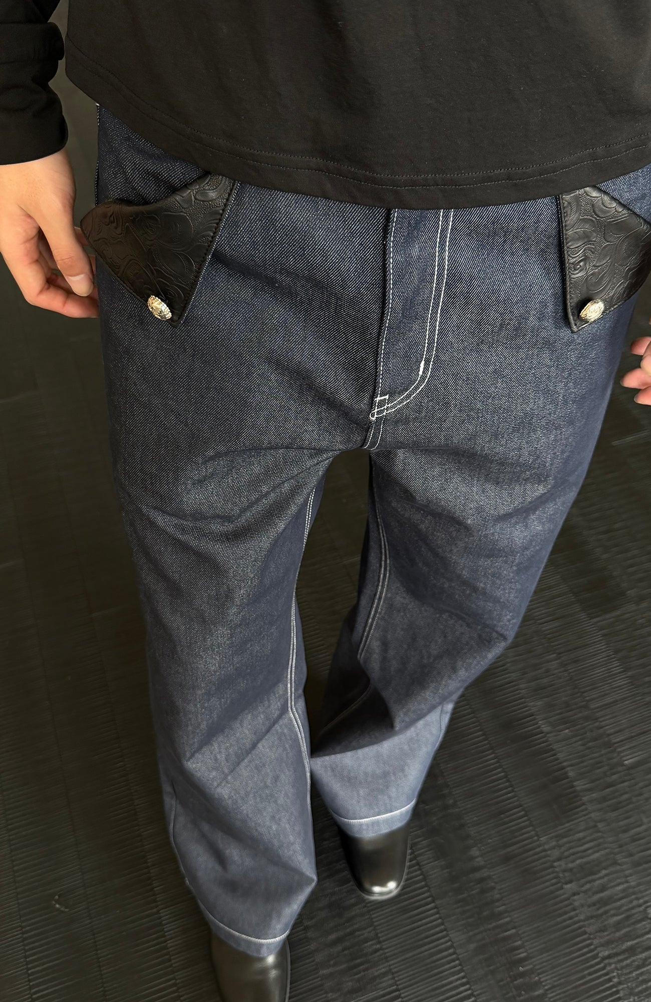 KREATE Raw PU-Paneled Flare Denim, premium urban and streetwear designers apparel on PROJECTISR.com, KREATE