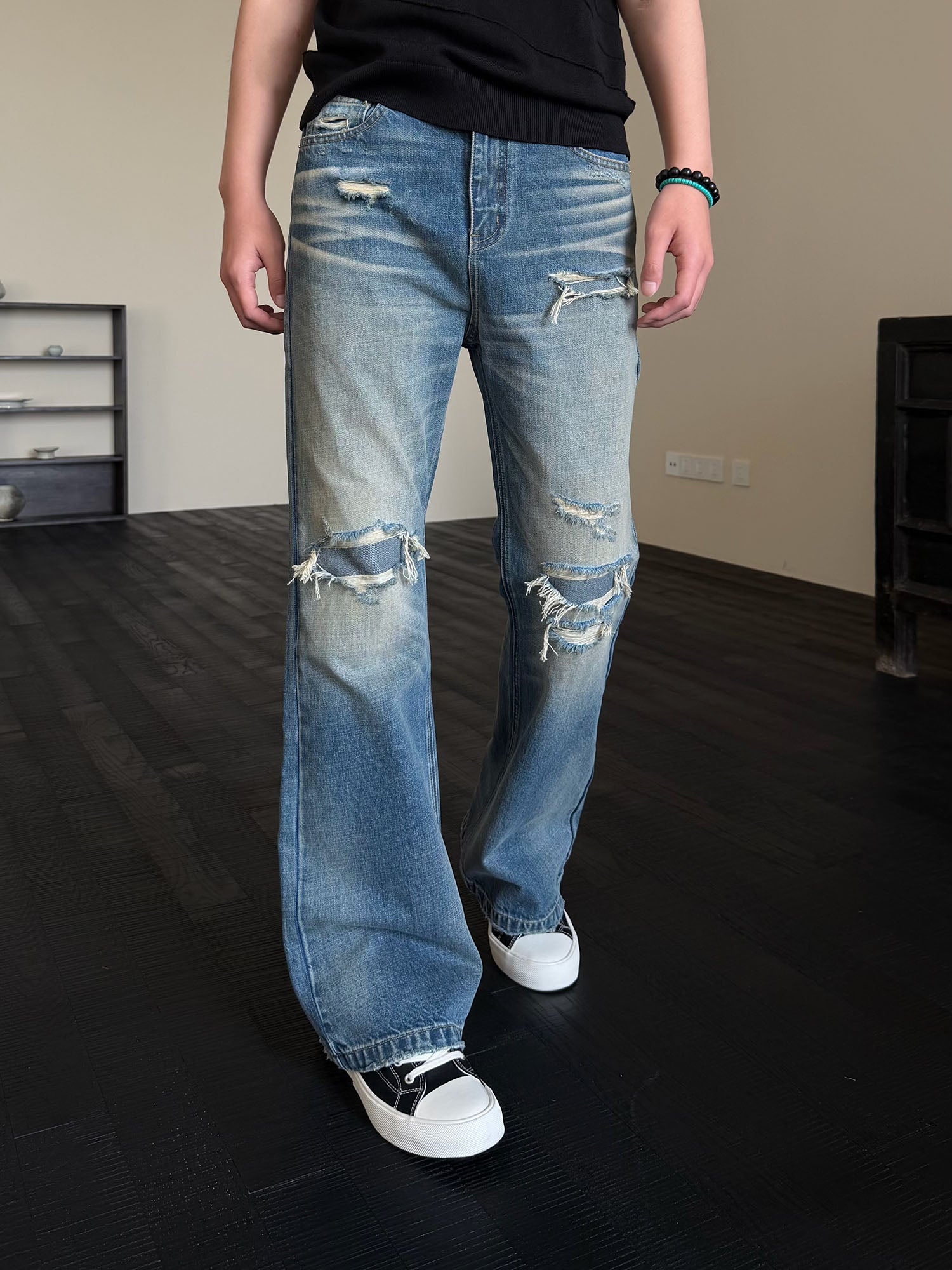 KREATE Double-Layer Distressed Straight-Leg Jeans, premium urban and streetwear designers apparel on PROJECTISR.com, KREATE