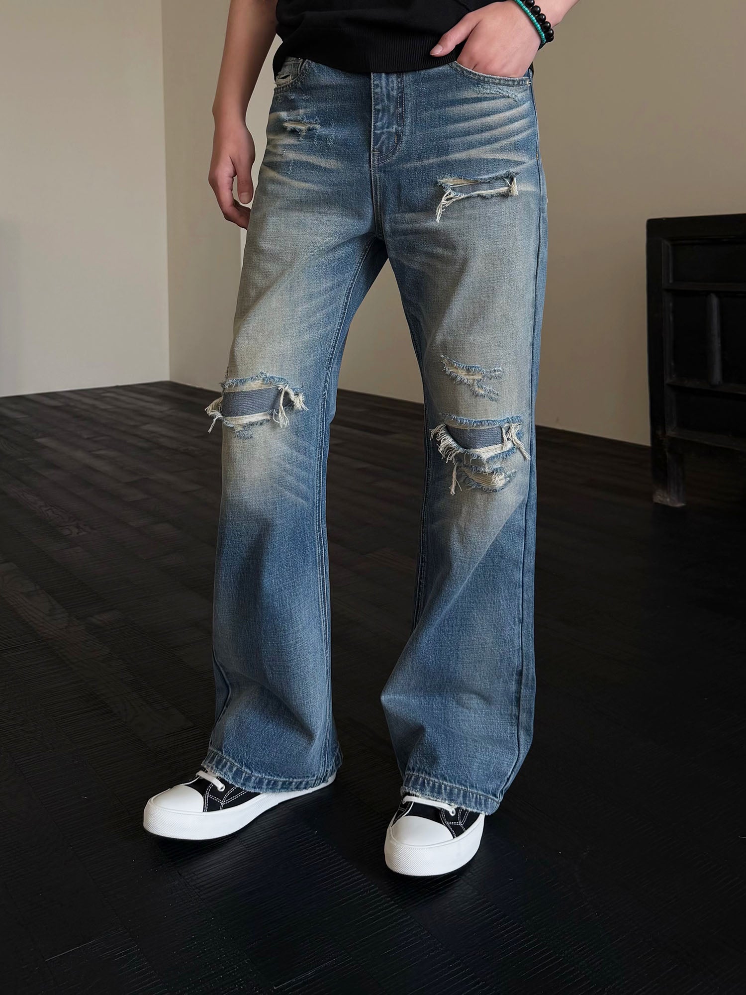 KREATE Double-Layer Distressed Straight-Leg Jeans, premium urban and streetwear designers apparel on PROJECTISR.com, KREATE