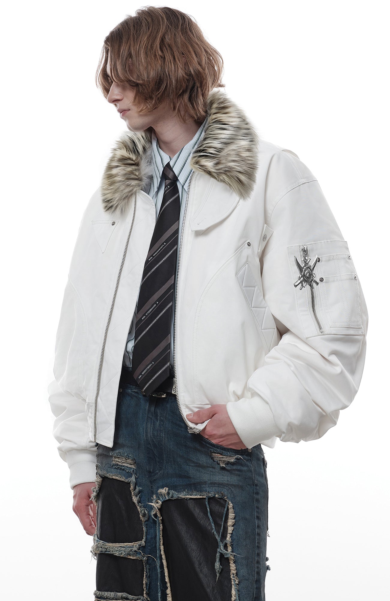 FACEONLAB Faux Fur Collar Utility Bomber Jacket