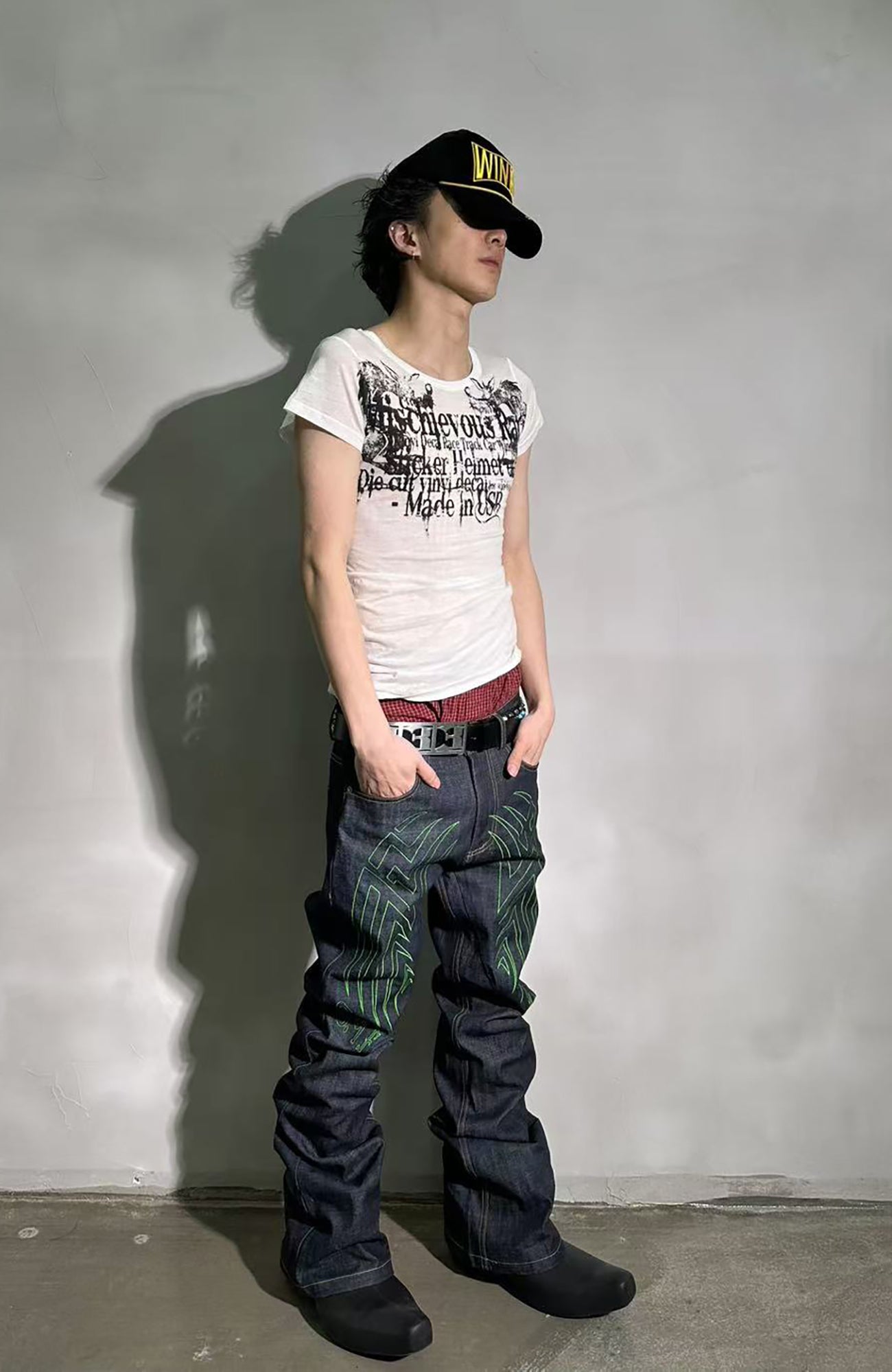 PCCVISION Contrast-Stitch Embroidered Raw Jeans