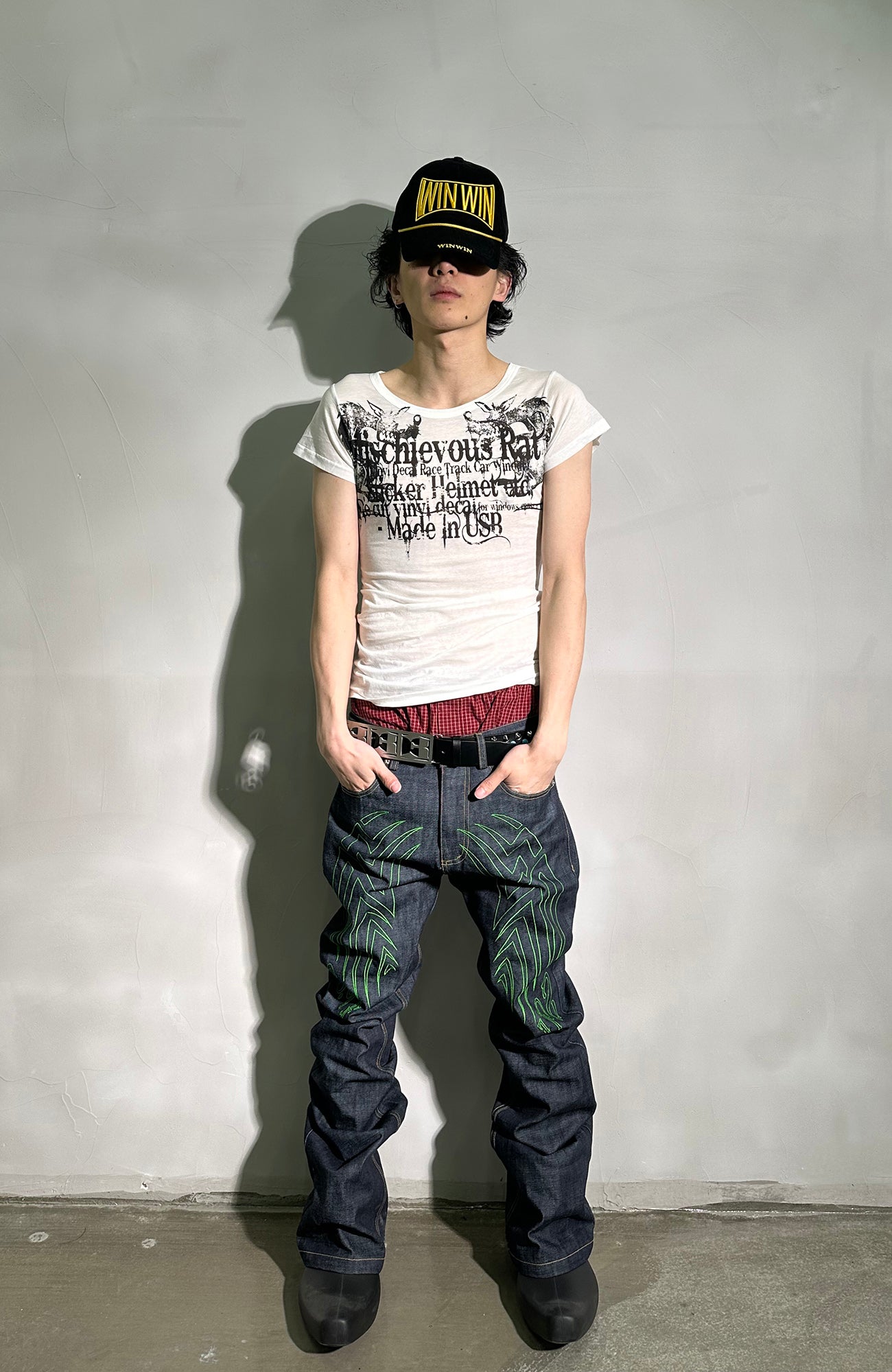 PCCVISION Contrast-Stitch Embroidered Raw Jeans