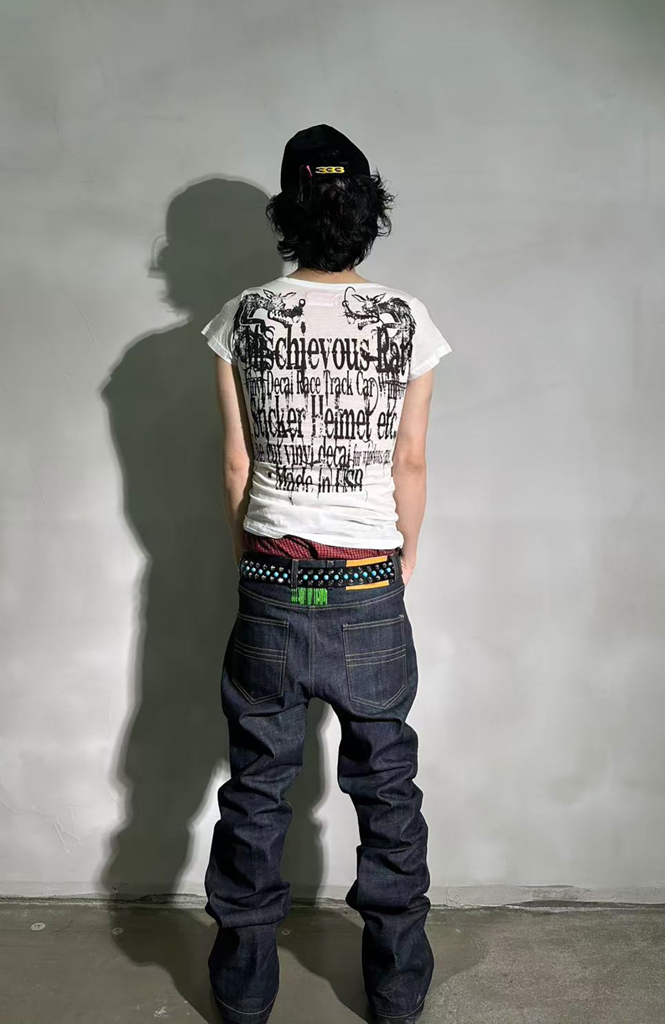 PCCVISION Contrast-Stitch Embroidered Raw Jeans