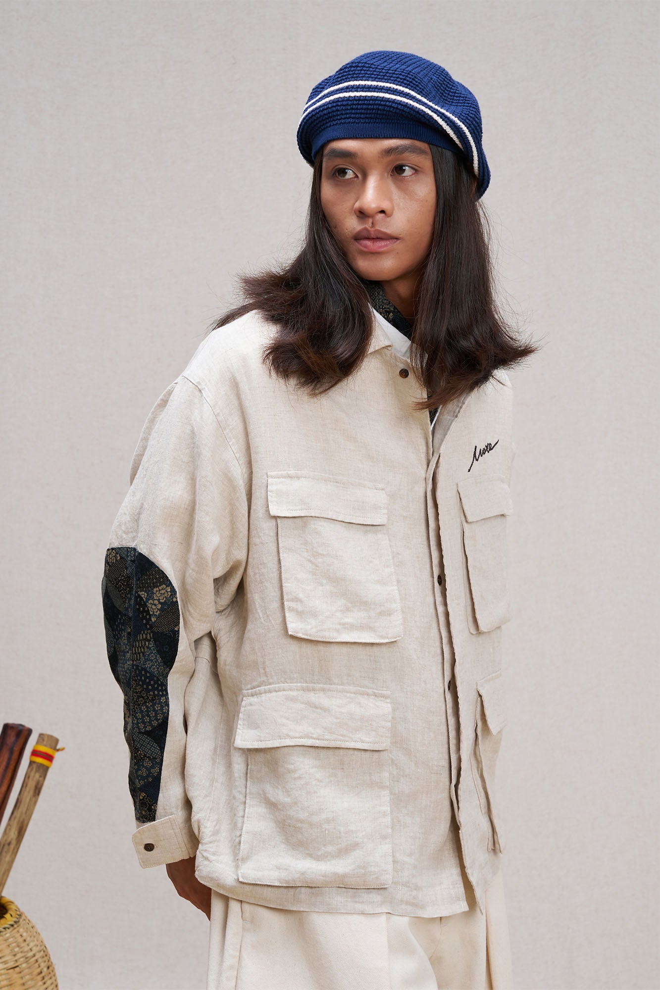 UNLIMITED MOTE Patched Elbow Multi-Pocket Linen Jacket