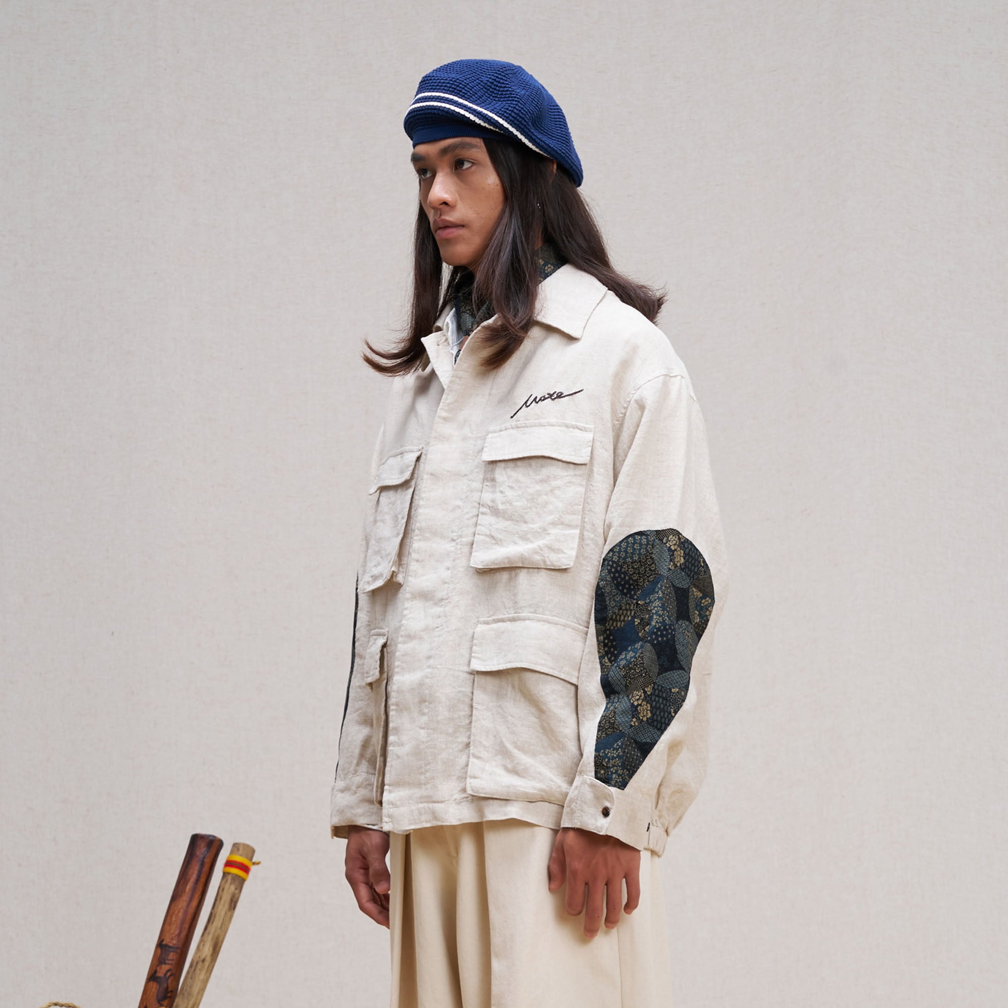 UNLIMITED MOTE Patched Elbow Multi-Pocket Linen Jacket