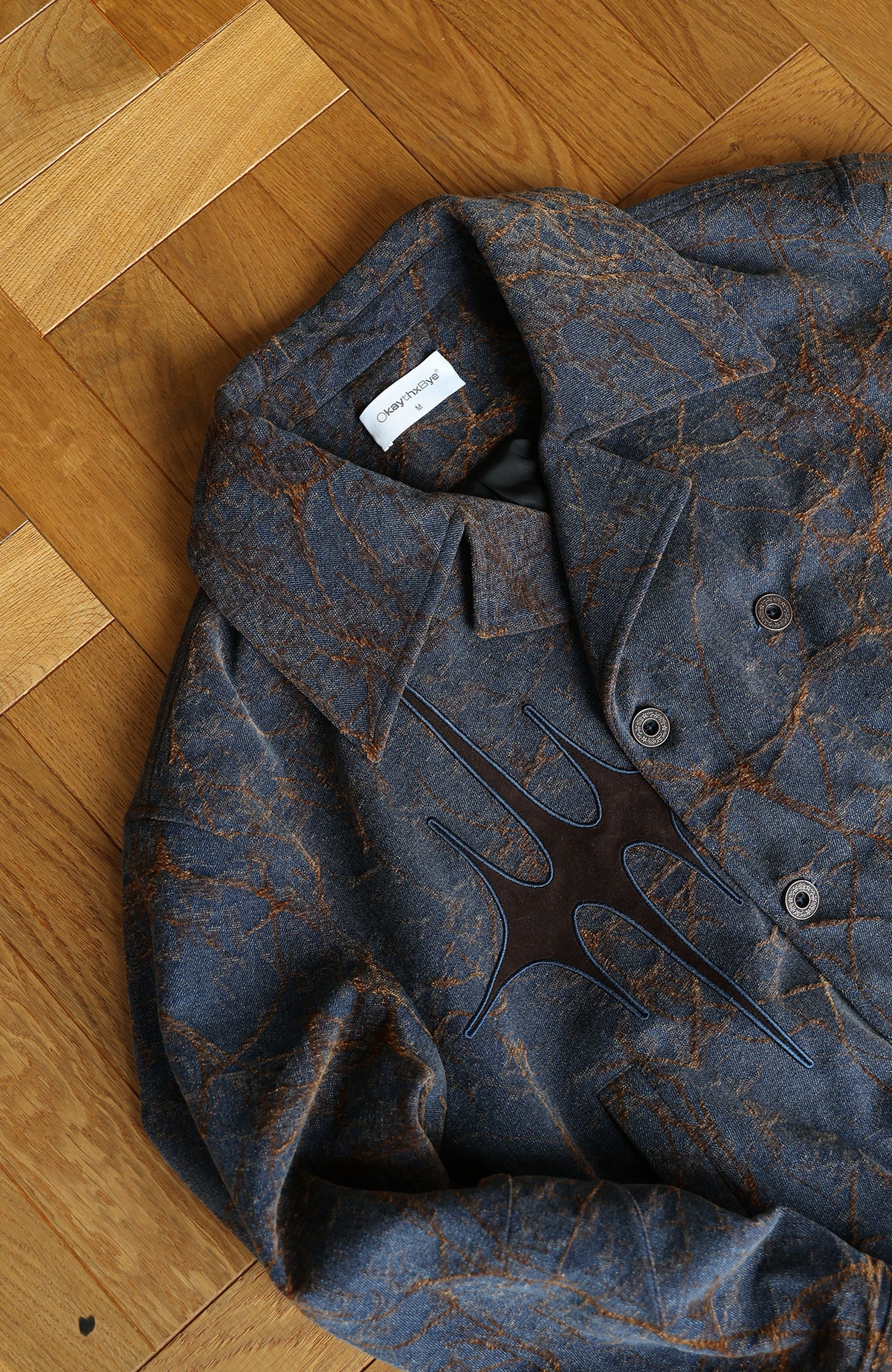 OKAYTHXBYE Flocked Suede Patchwork Crinkle-Denim Jacket