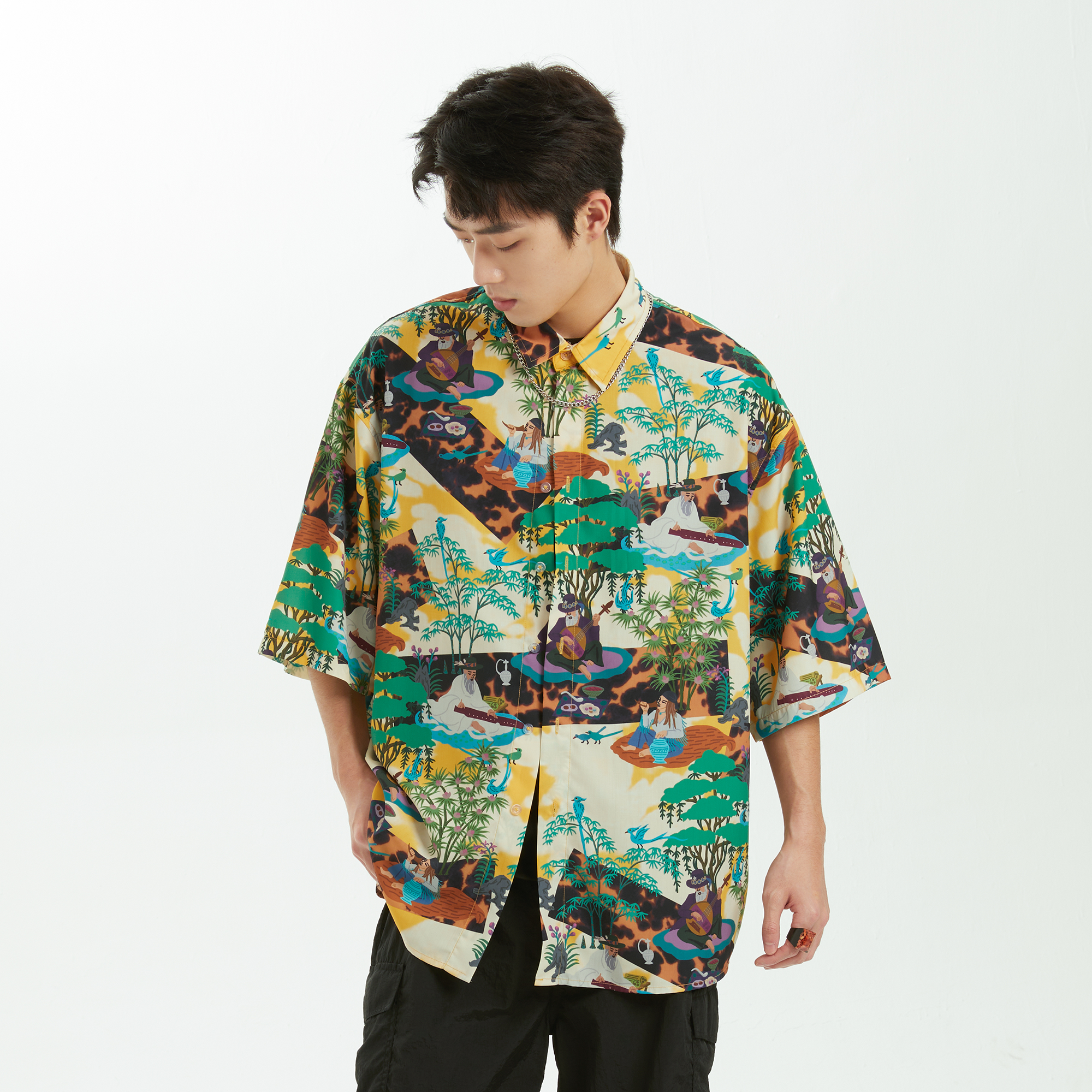 MASH UP ASIA Contrast Full-Print Half Shirt, premium urban and streetwear designers apparel on PROJECTISR.com, MASH UP ASIA