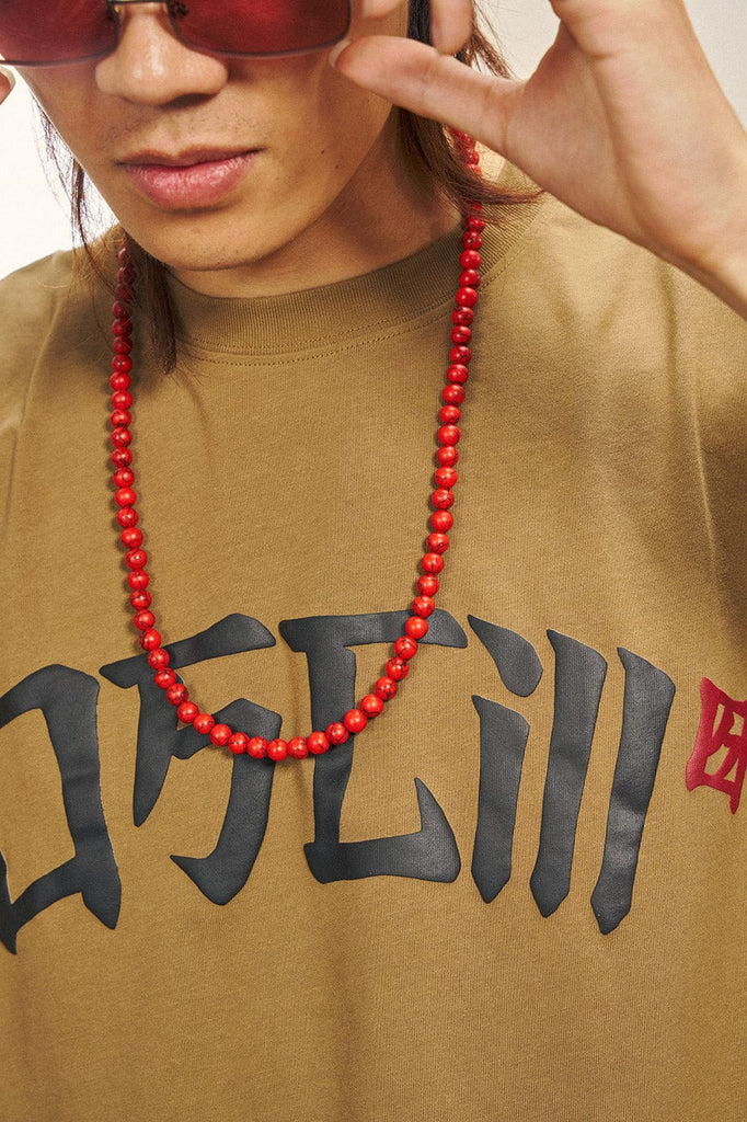 OSCILL Red Turquoise Beads Logo Necklace, premium urban and streetwear designers apparel on PROJECTISR.com, OSCILL