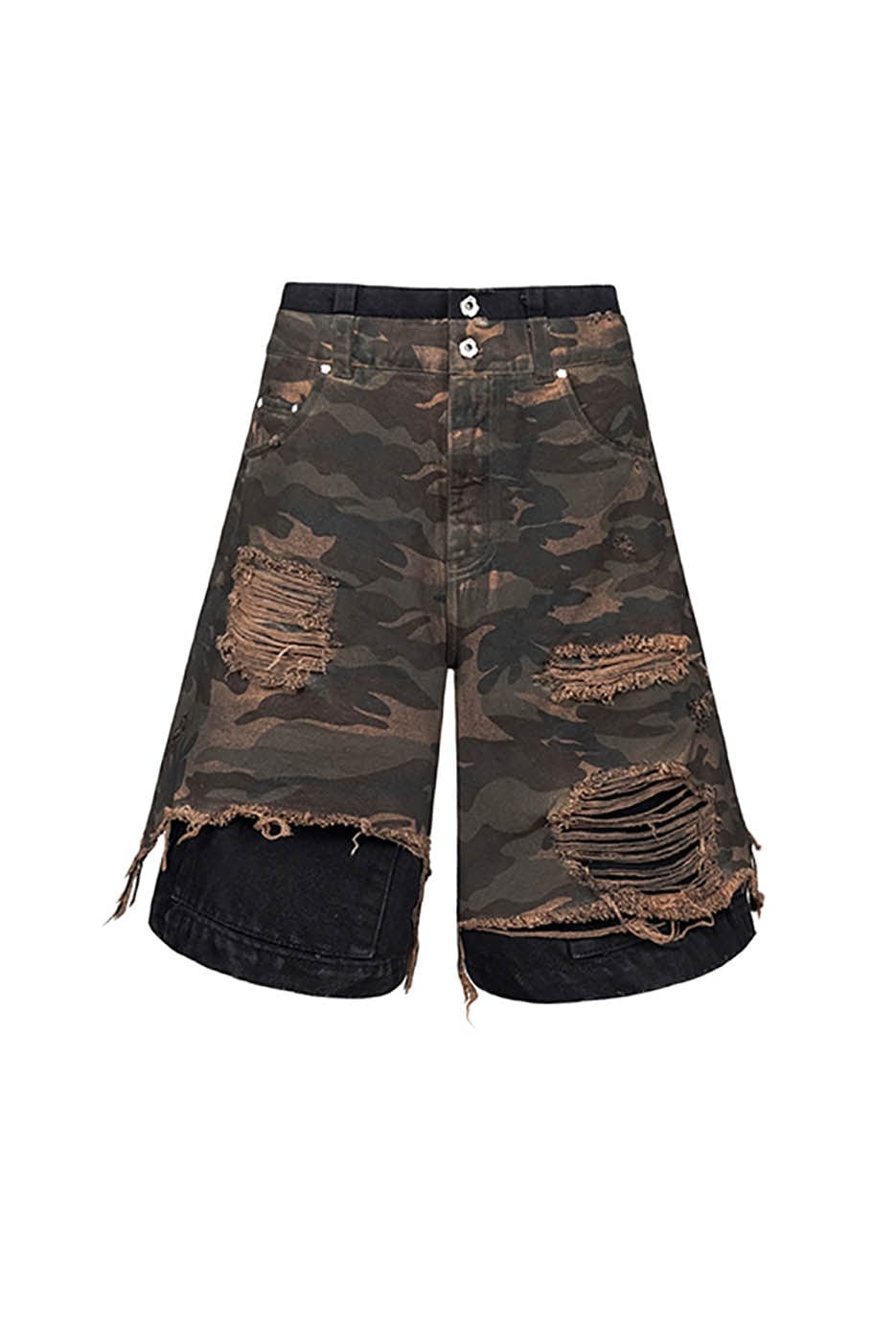 UNDERWATER Double-Layered Ripped Black Shorts Camo, premium urban and streetwear designers apparel on PROJECTISR.com, UNDERWATER