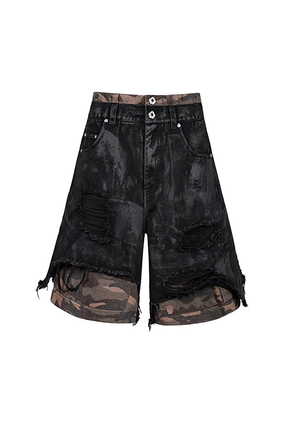 UNDERWATER Double-Layered Ripped Camo Shorts Black, premium urban and streetwear designers apparel on PROJECTISR.com, UNDERWATER