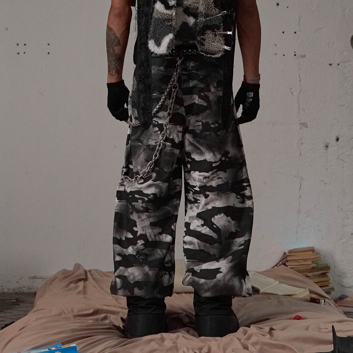 DND4DES Deconstructed Pleated Camo Baggy Pants, premium urban and streetwear designers apparel on PROJECTISR.com, DND4DES