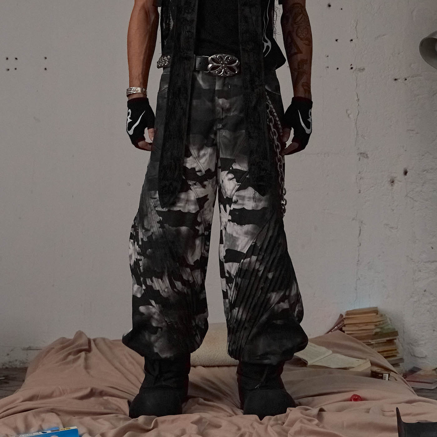 DND4DES Deconstructed Pleated Camo Baggy Pants, premium urban and streetwear designers apparel on PROJECTISR.com, DND4DES