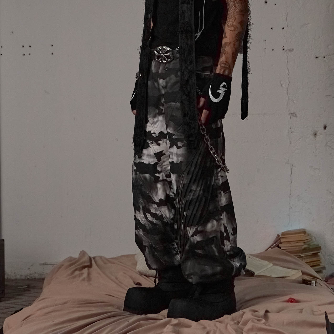 DND4DES Deconstructed Pleated Camo Baggy Pants, premium urban and streetwear designers apparel on PROJECTISR.com, DND4DES