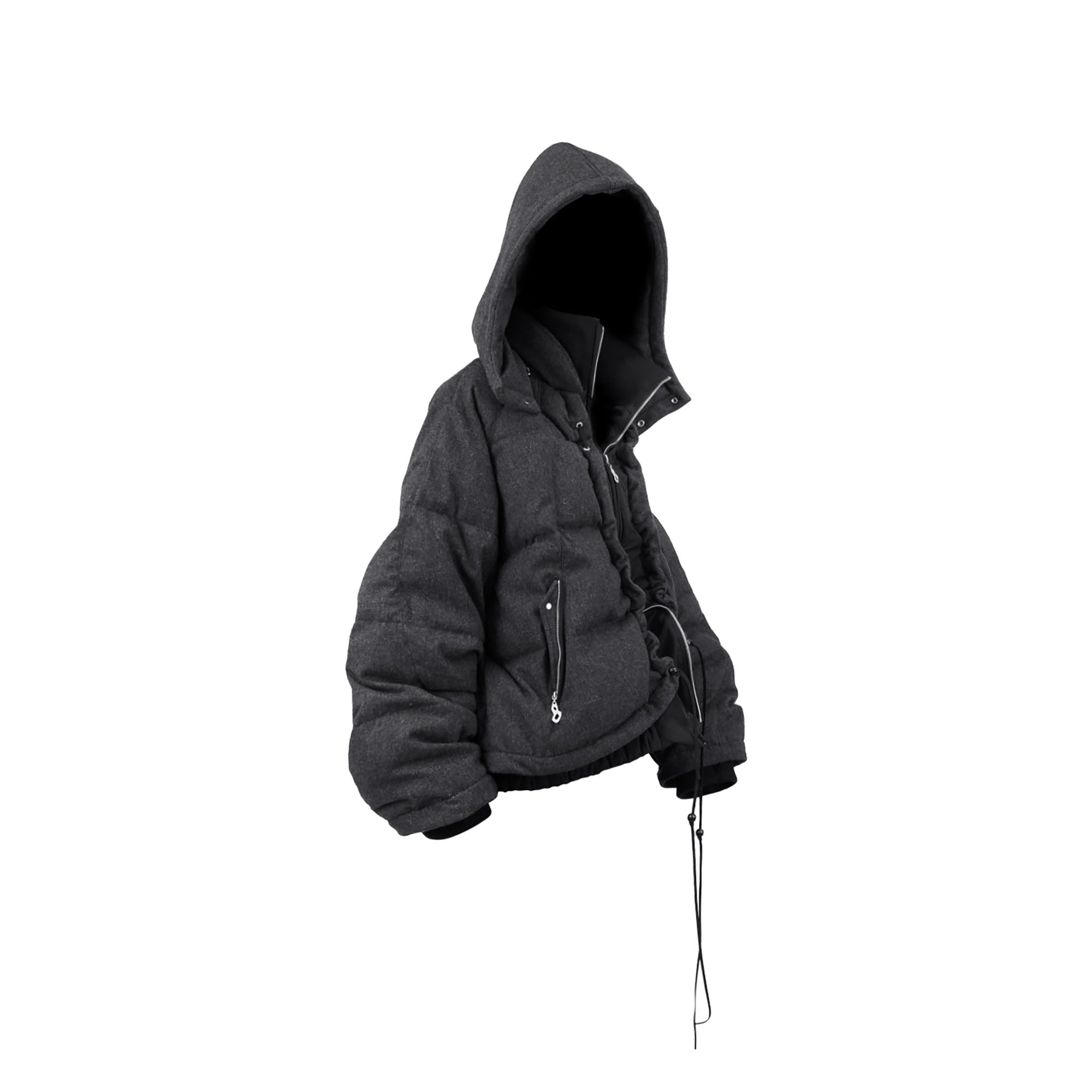 RELABEL Layered Detachable Hood Wool-Blend Puffer Jacket Gray