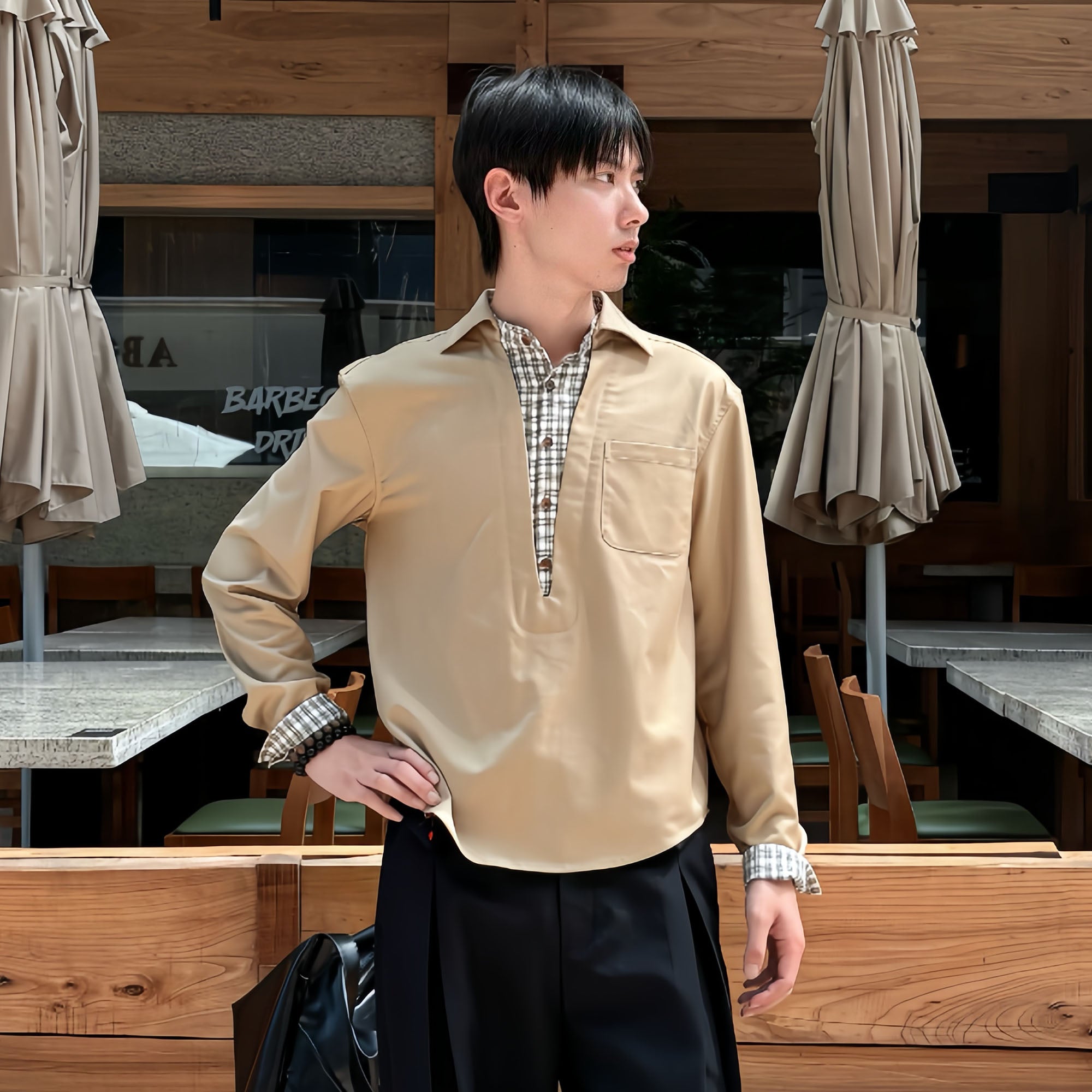 KREATE Faux Layered Plaid V-Neck Shirt