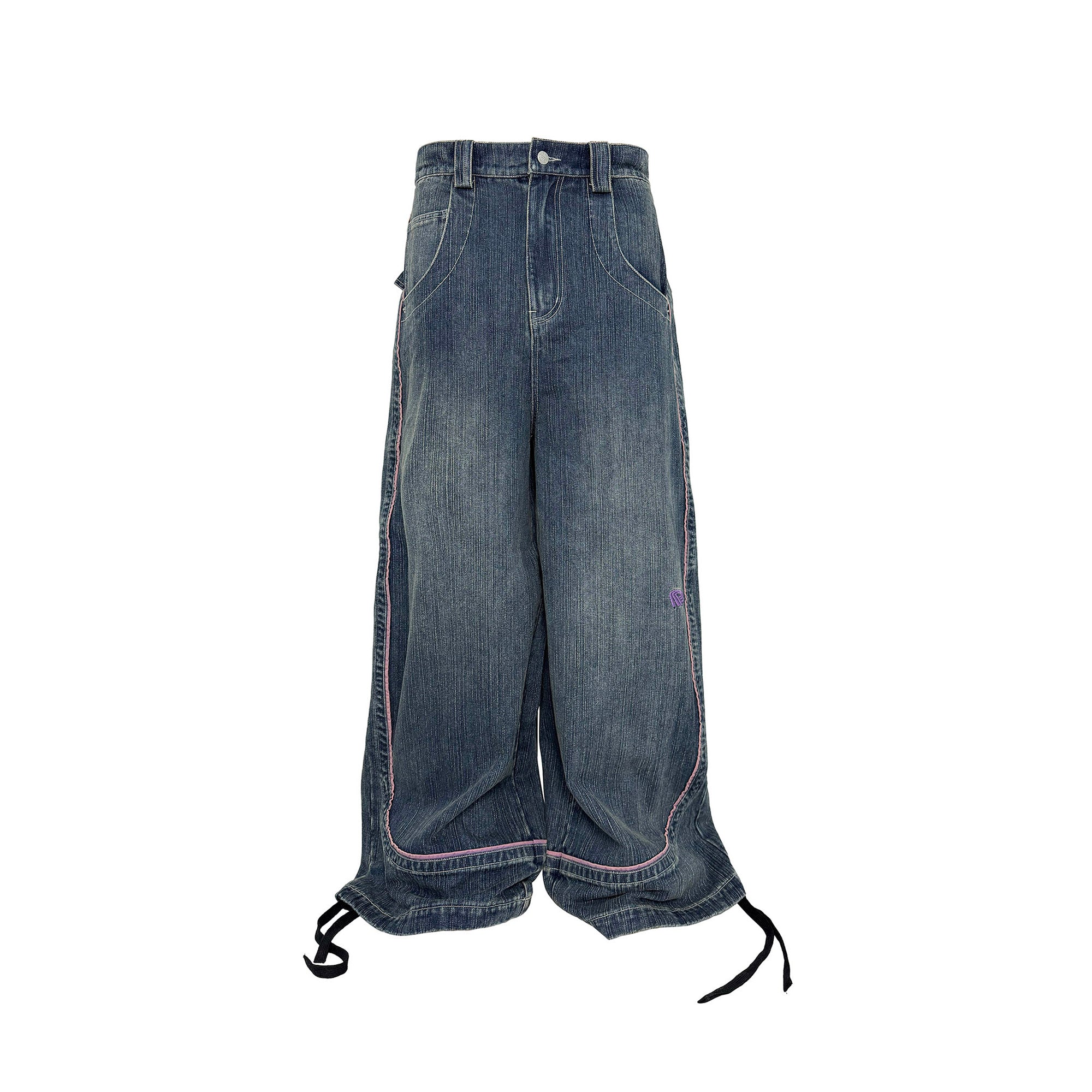 PCCVISION Contrast Stitch Embroidered Washed Jeans