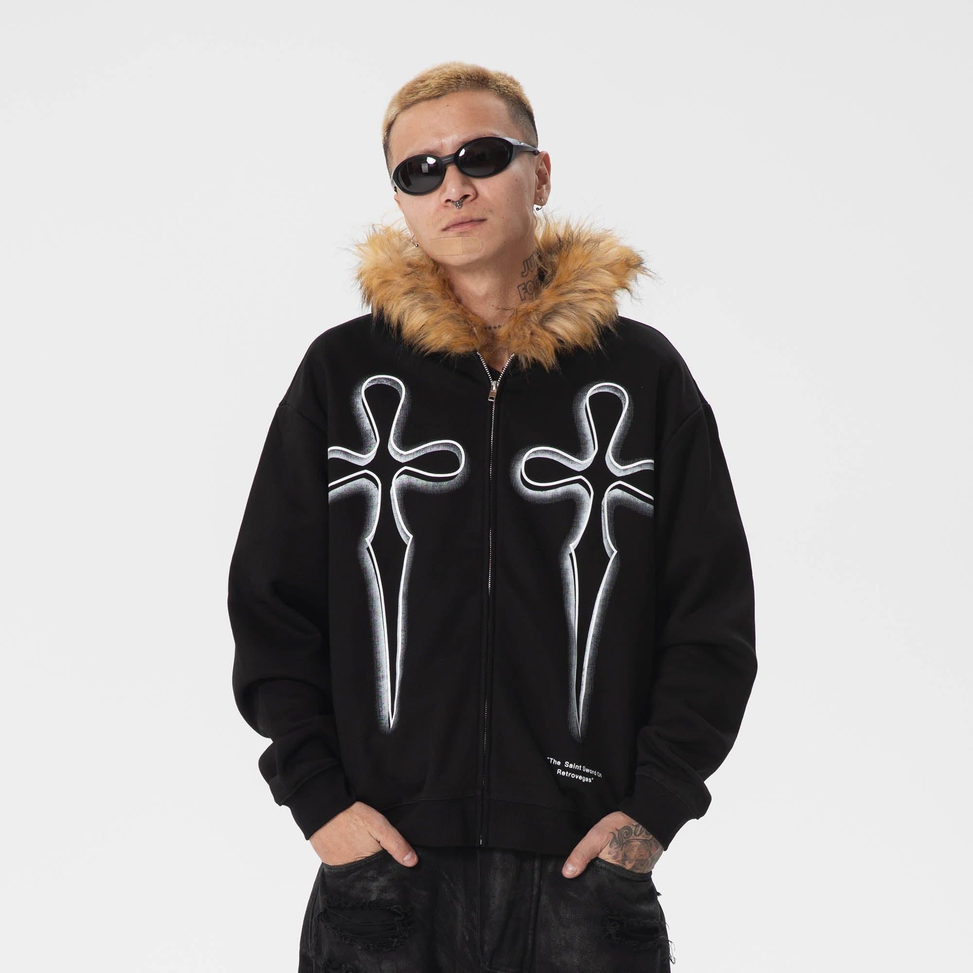 RTVG Cross Sword Fur-Collared Fleece Zip-Up Hoodie