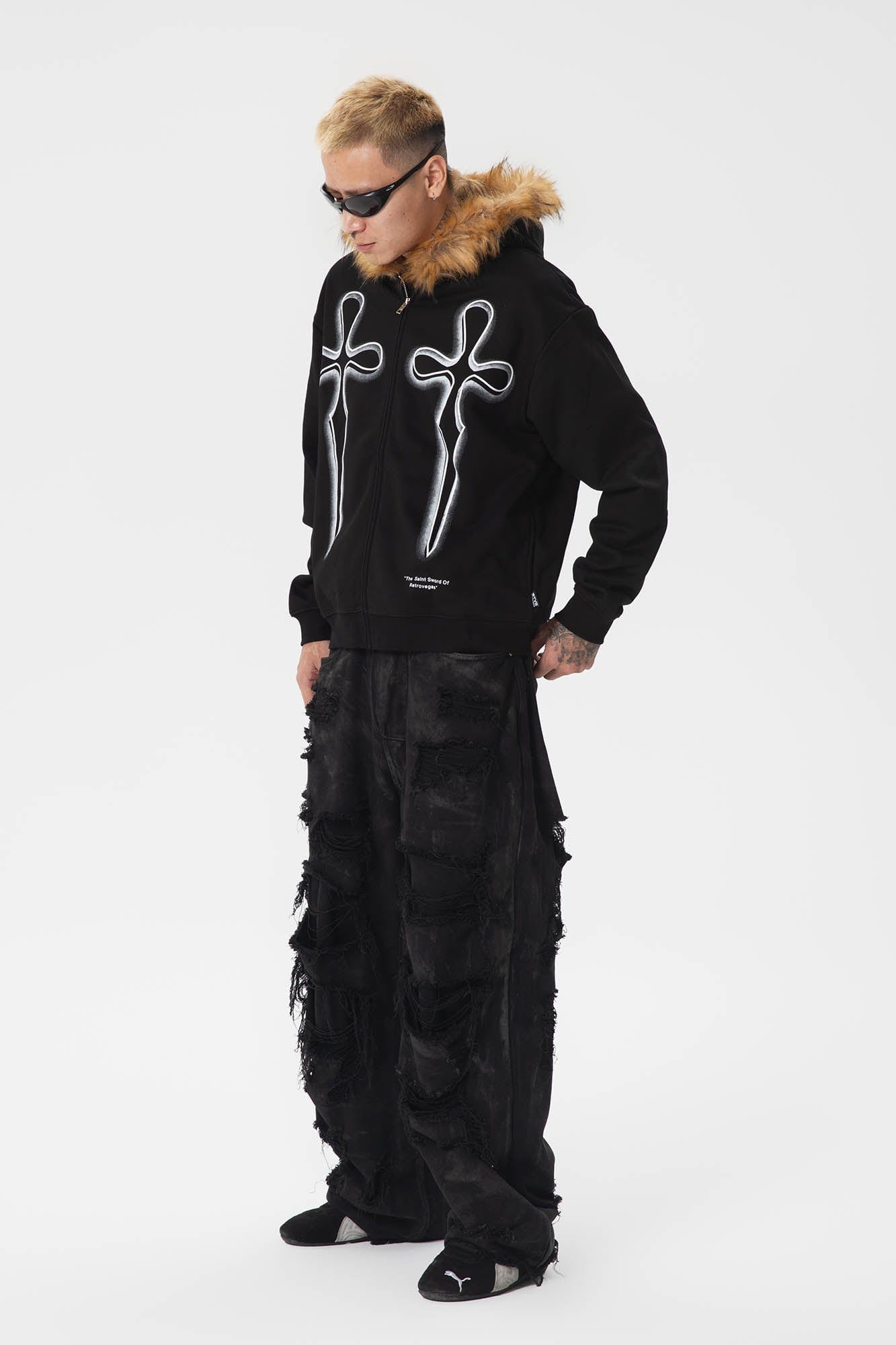 RTVG Cross Sword Fur-Collared Fleece Zip-Up Hoodie