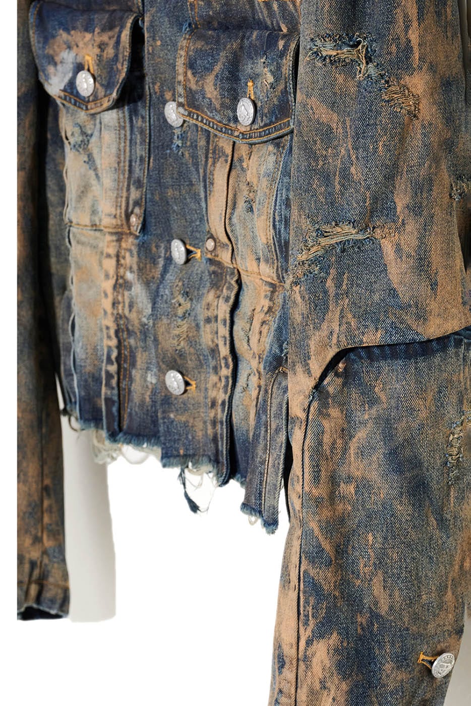 FACEONLAB Distressed Muddy Denim Jacket, premium urban and streetwear designers apparel on PROJECTISR.com, FACEONLAB