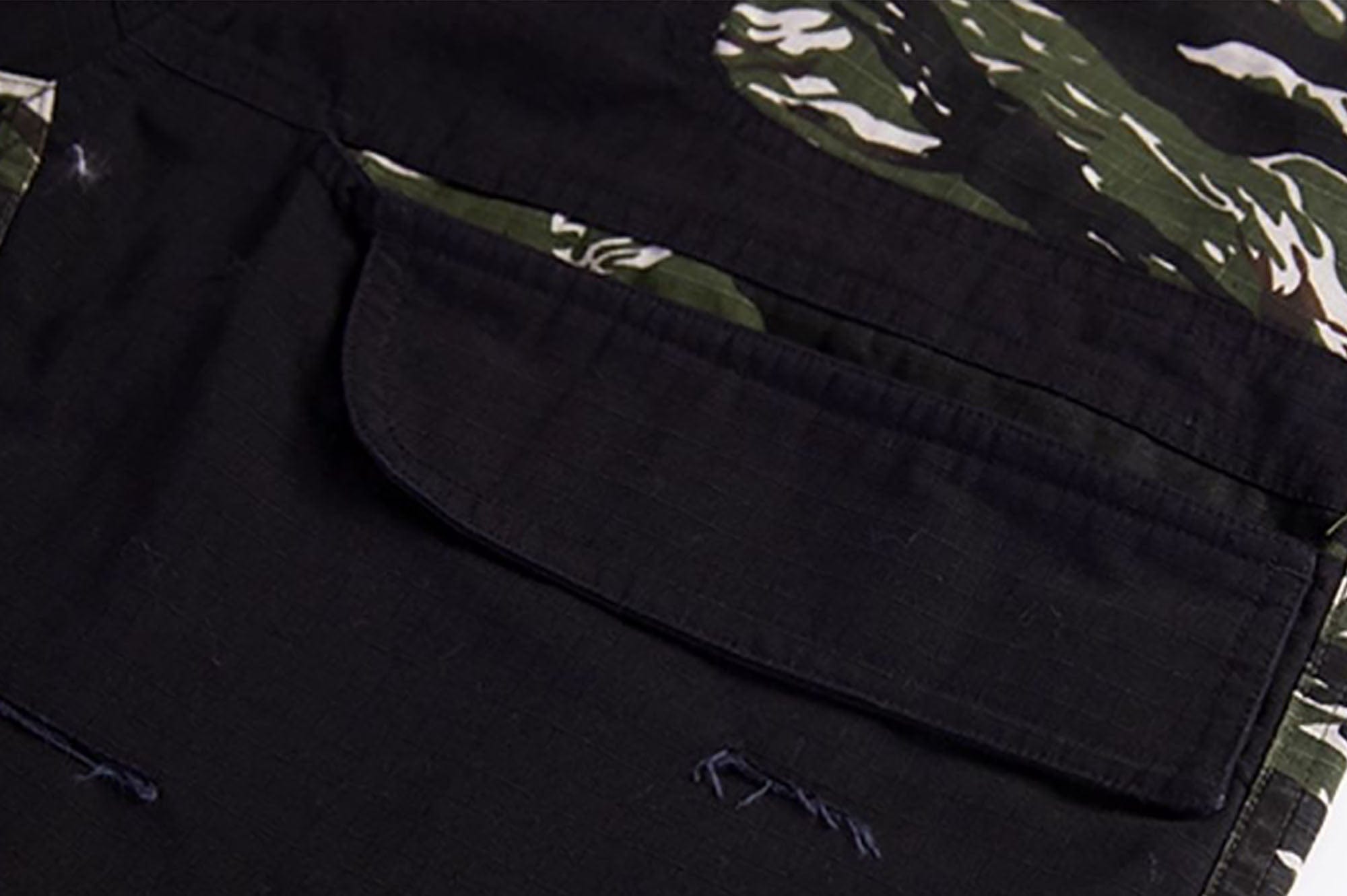 ERROR CODE ROBOT Washed Paneled Frayed-Hem Camo Cargo Shorts, premium urban and streetwear designers apparel on PROJECTISR.com, ERROR CODE ROBOT