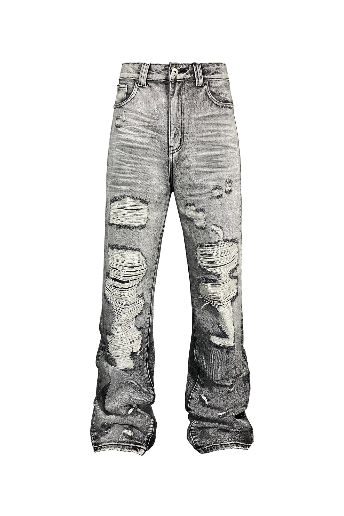 TECNINEGROUP Distressed Ash-Washed Flared Jeans, premium urban and streetwear designers apparel on PROJECTISR.com, TECNINEGROUP