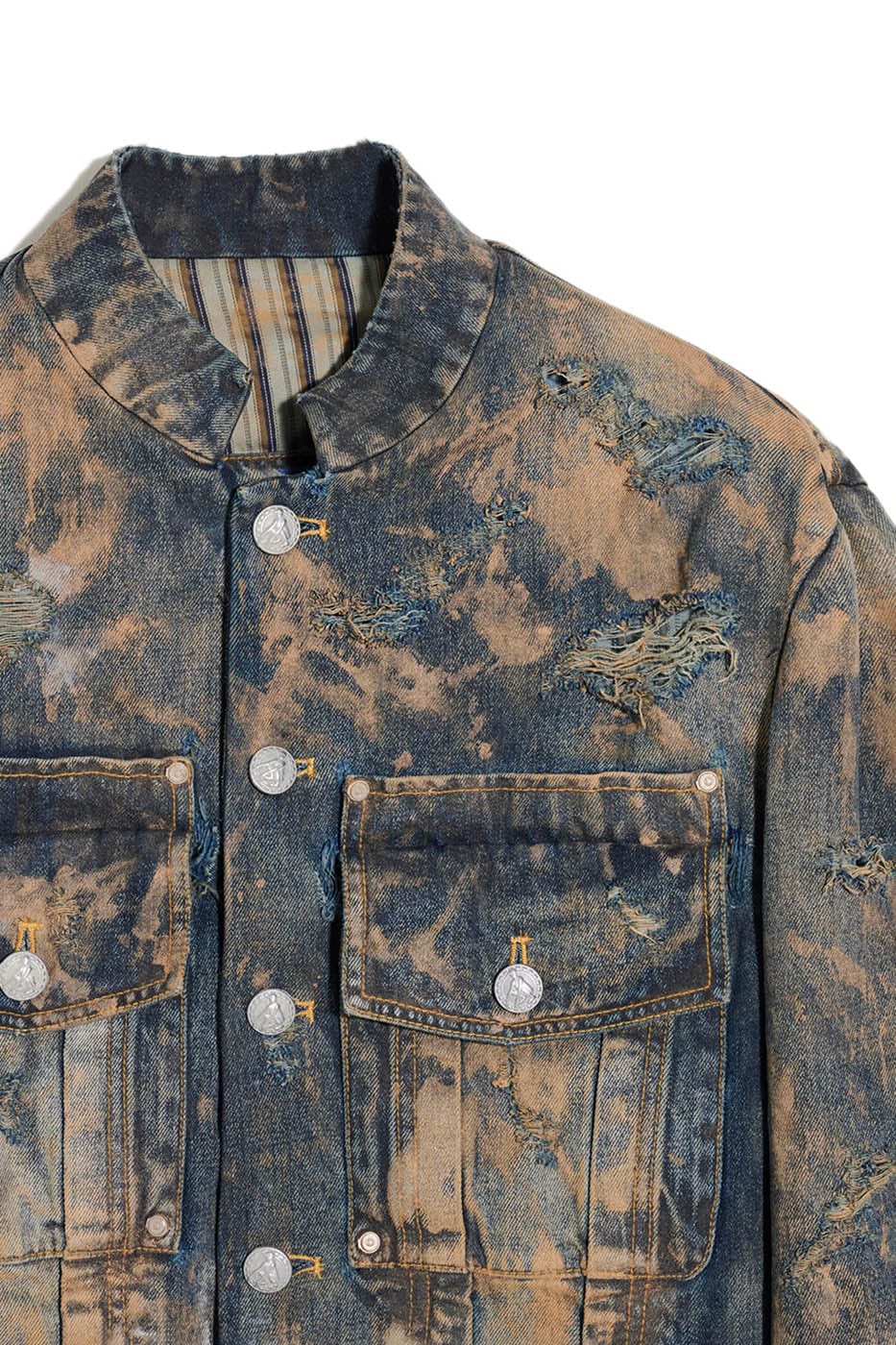 FACEONLAB Distressed Muddy Denim Jacket, premium urban and streetwear designers apparel on PROJECTISR.com, FACEONLAB