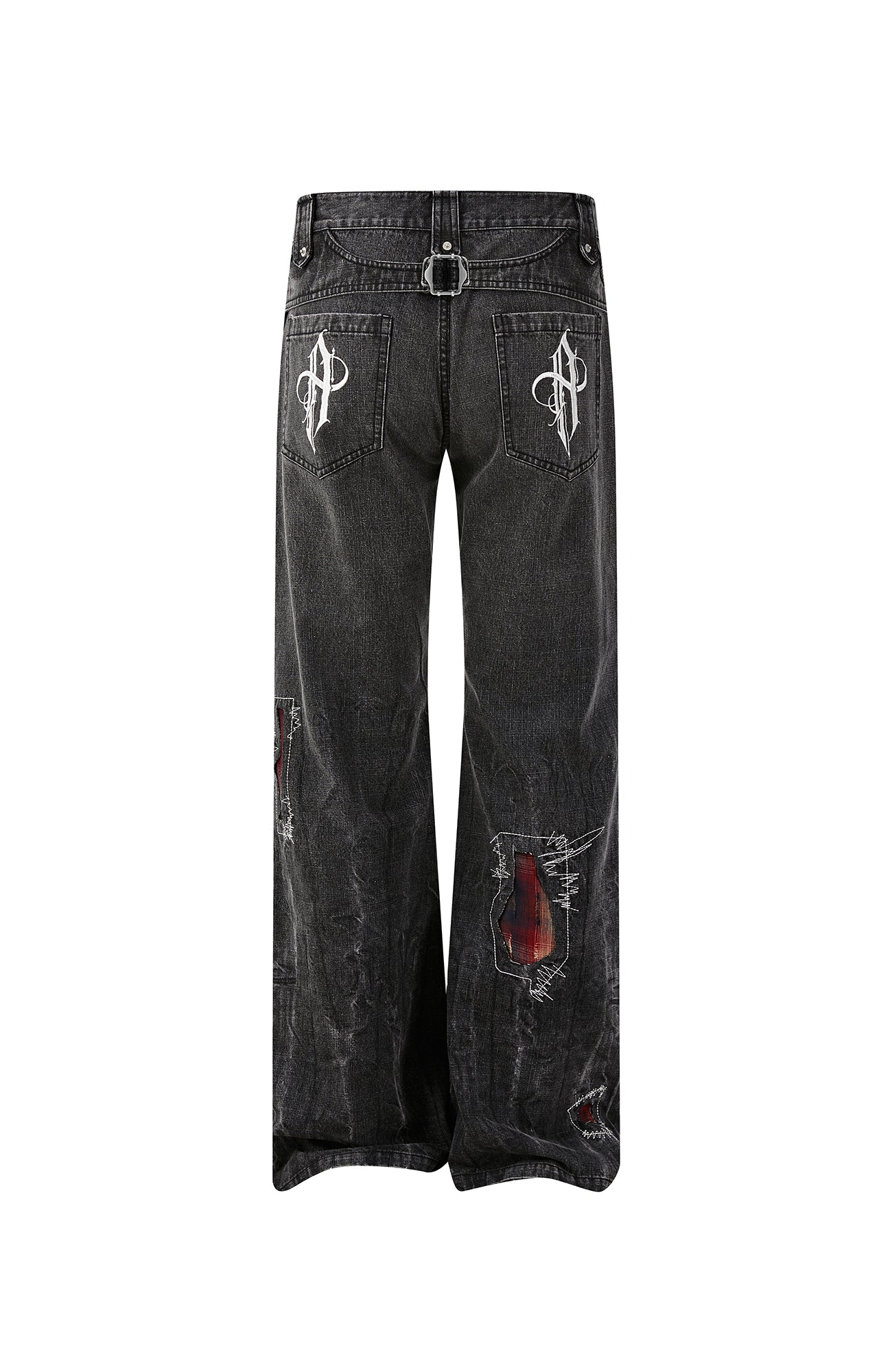 PASET Plaid Patch Distressed Back Buckle Jeans