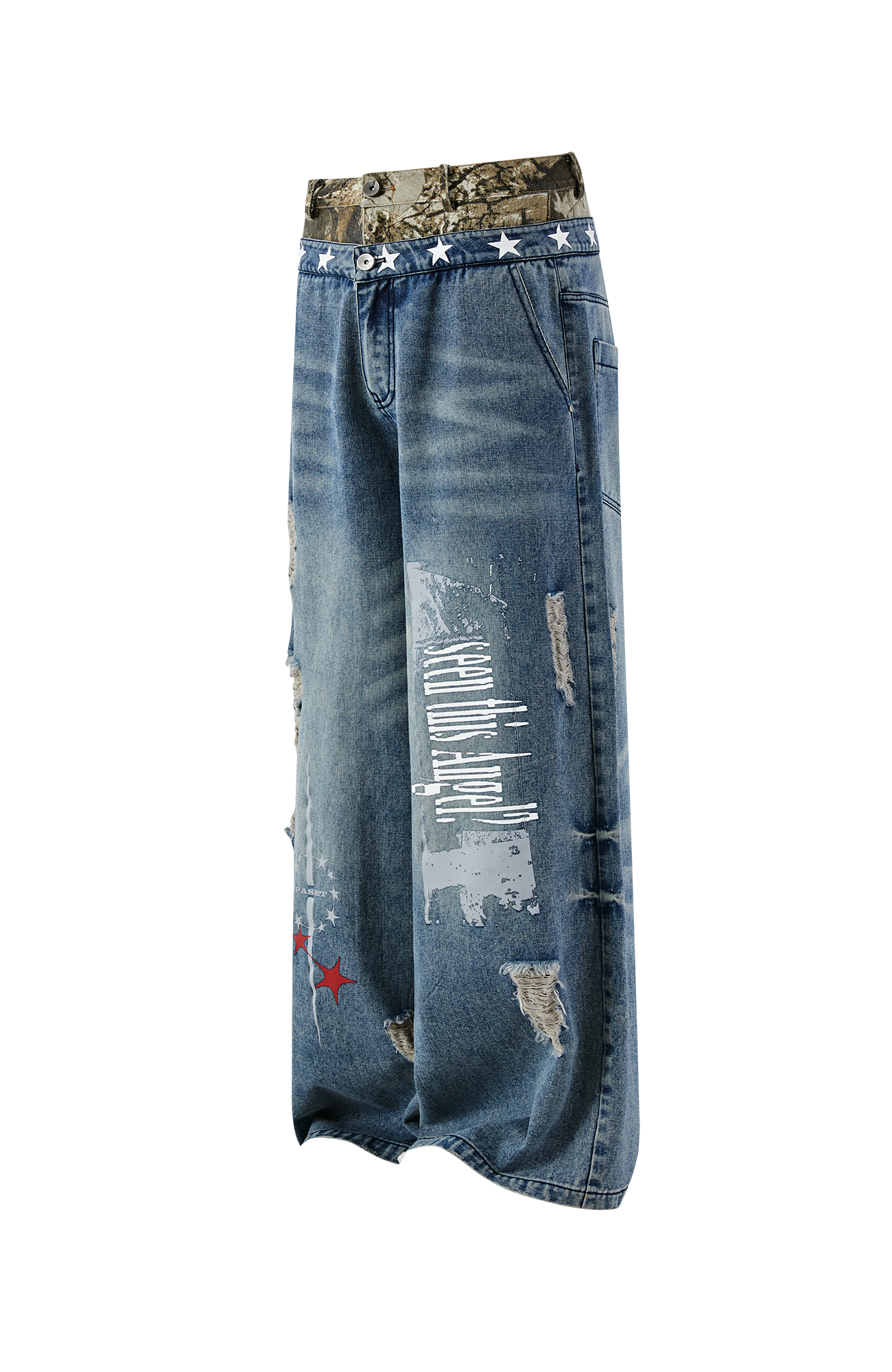 PASET Double Waist Camo Panel Distressed Jeans