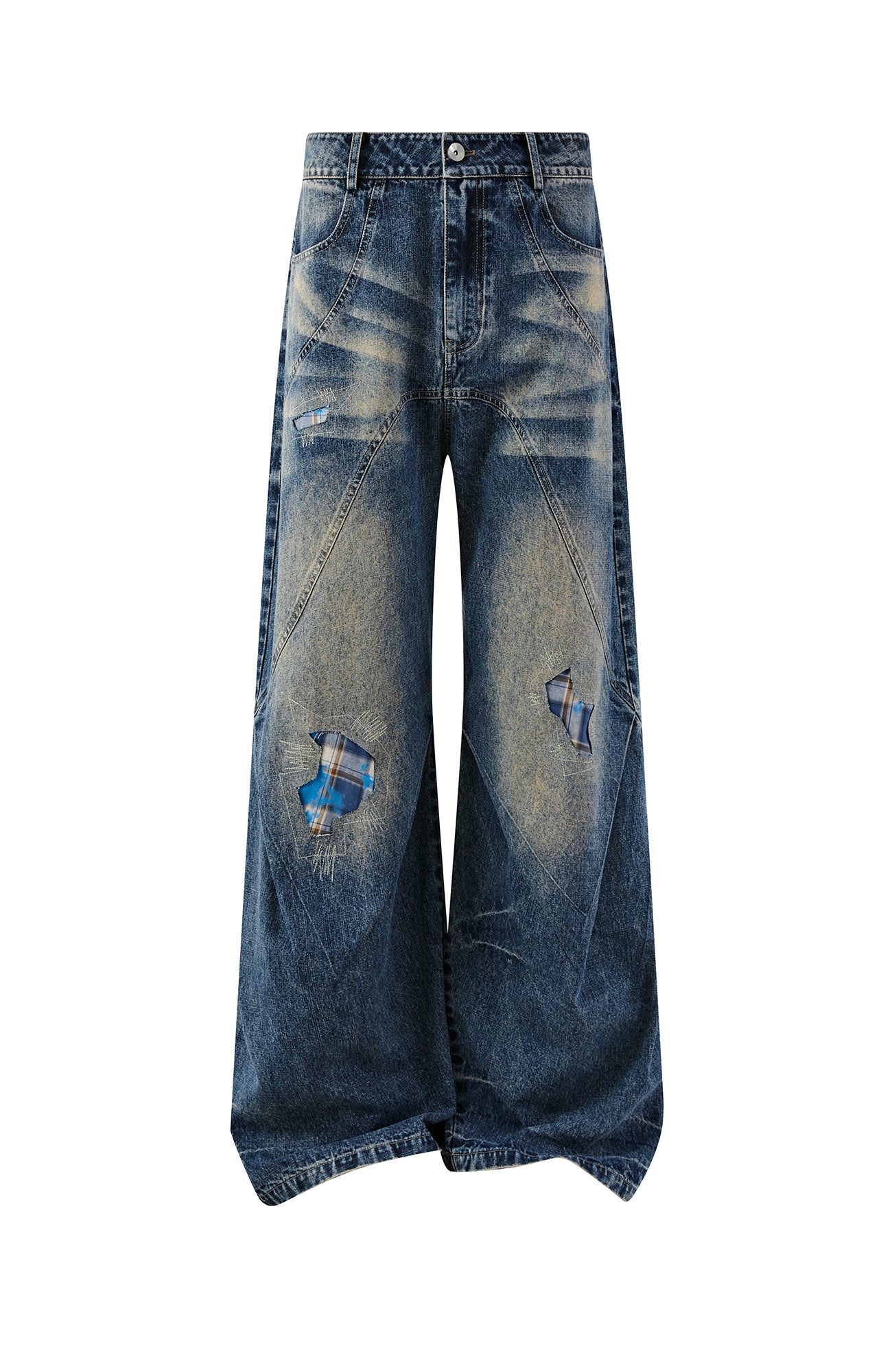 PASET Plaid Patch Distressed Wide-Leg Jeans
