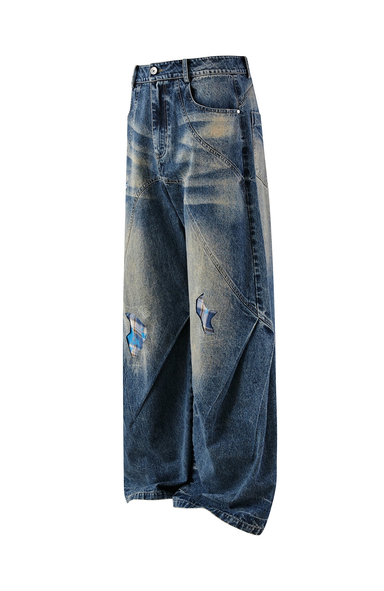 PASET Plaid Patch Distressed Wide-Leg Jeans