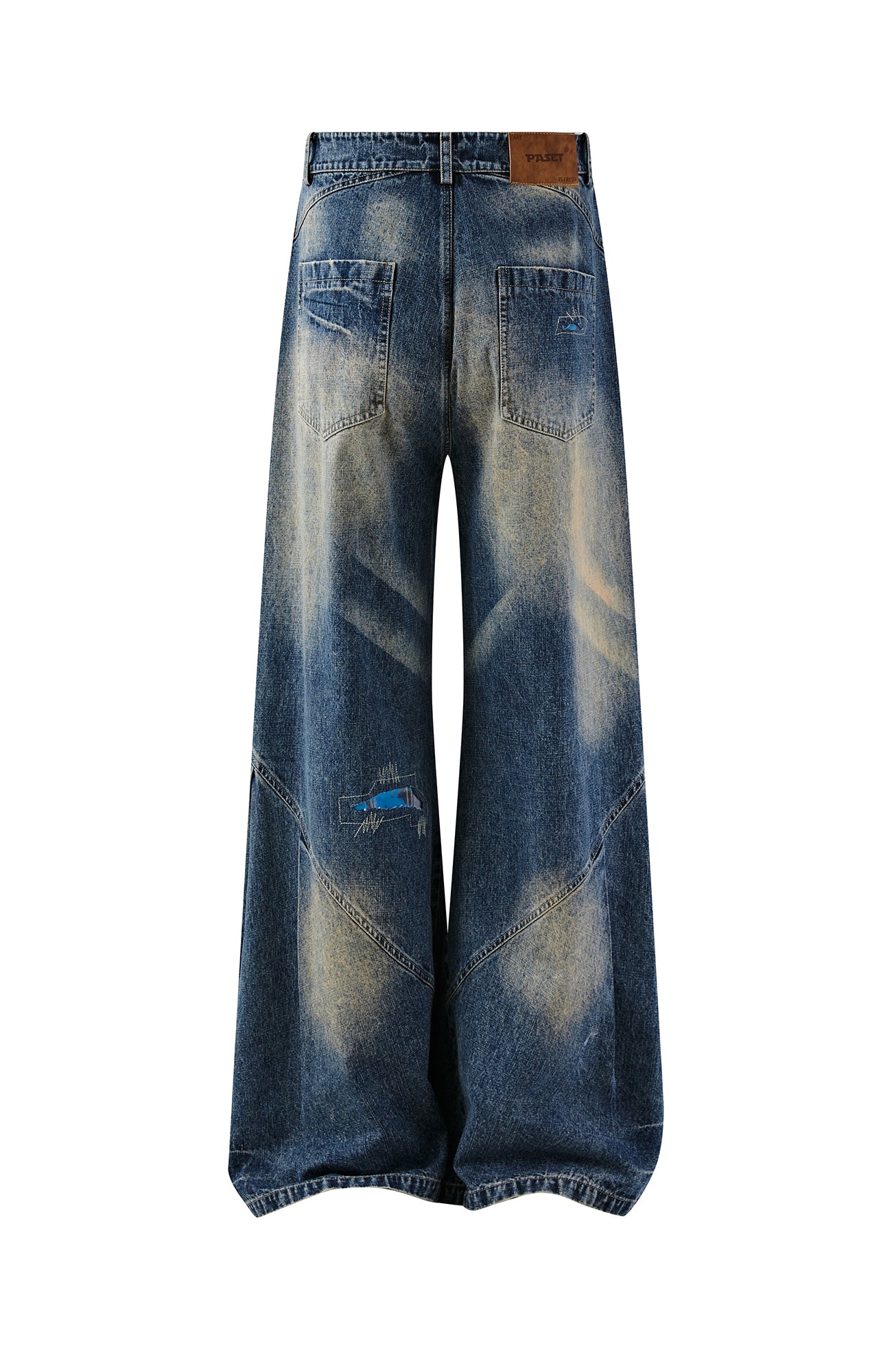PASET Plaid Patch Distressed Wide-Leg Jeans