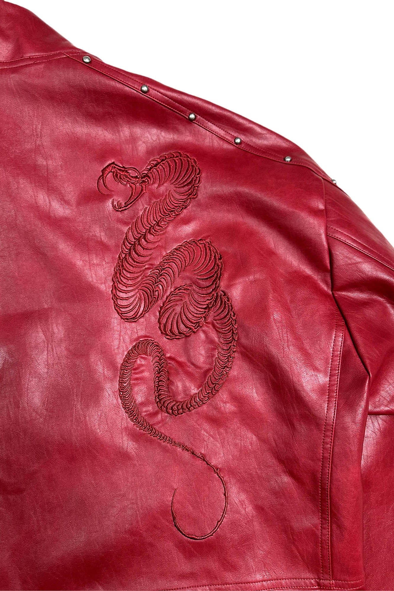 SAVAGEGROWTHWORLD Snake Bone Embroidered Rivet Cropped PU Jacket