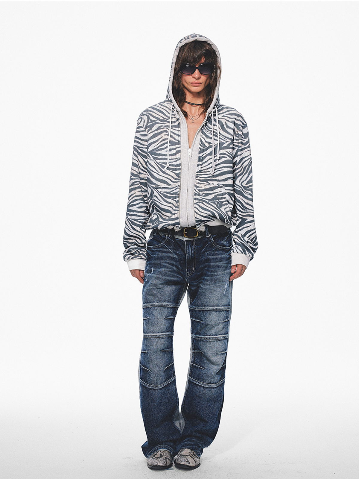 TRECLUB Retro Zebra-Print Zip-Up Hoodie