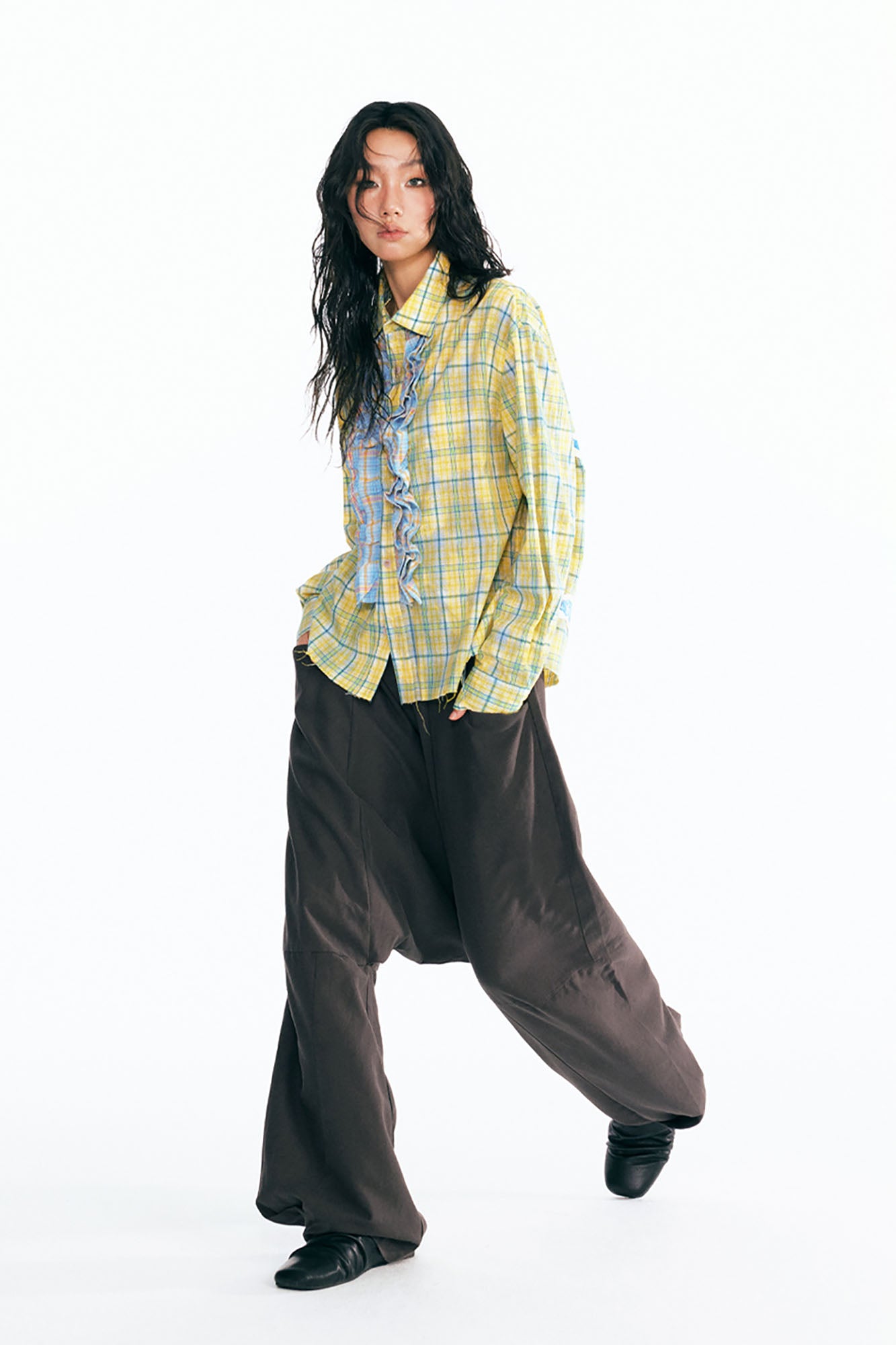 1997 POSTOFFICE Sesame Leaf Patch Ruffle Plaid Shirt, premium urban and streetwear designers apparel on PROJECTISR.com, 1997 POSTOFFICE