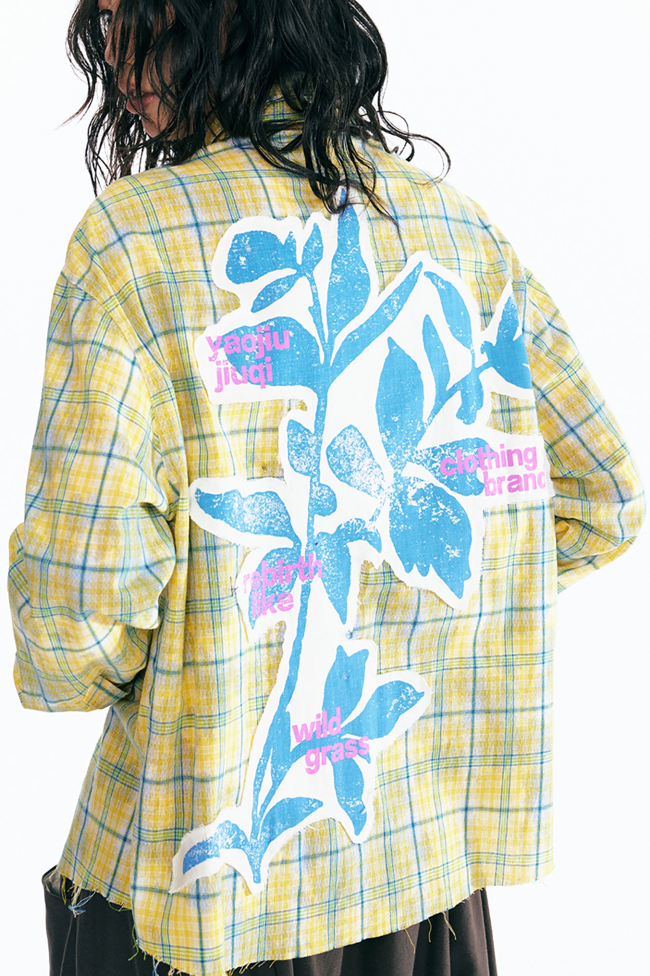 1997 POSTOFFICE Sesame Leaf Patch Ruffle Plaid Shirt, premium urban and streetwear designers apparel on PROJECTISR.com, 1997 POSTOFFICE