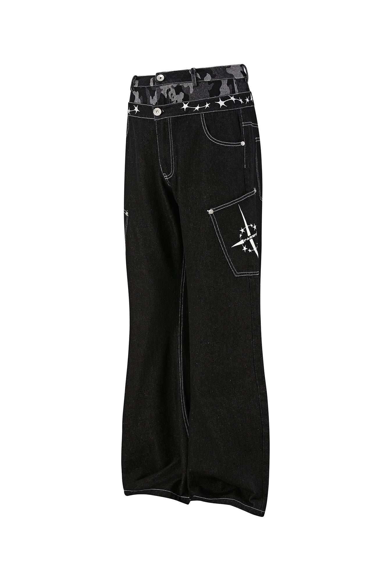 PASET Camo Double Waist Embroidered Jeans