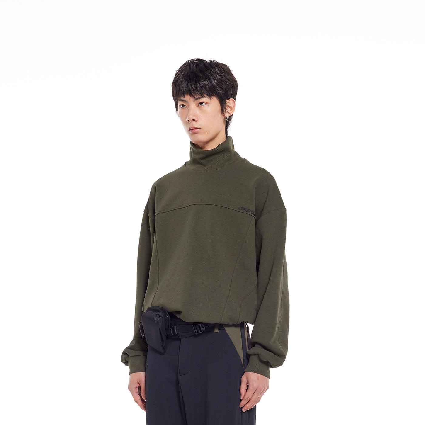 49PERCENT Funnel Neck Modern Spliced Sweatshirt Army Green, premium urban and streetwear designers apparel on PROJECTISR.com, 49PERCENT