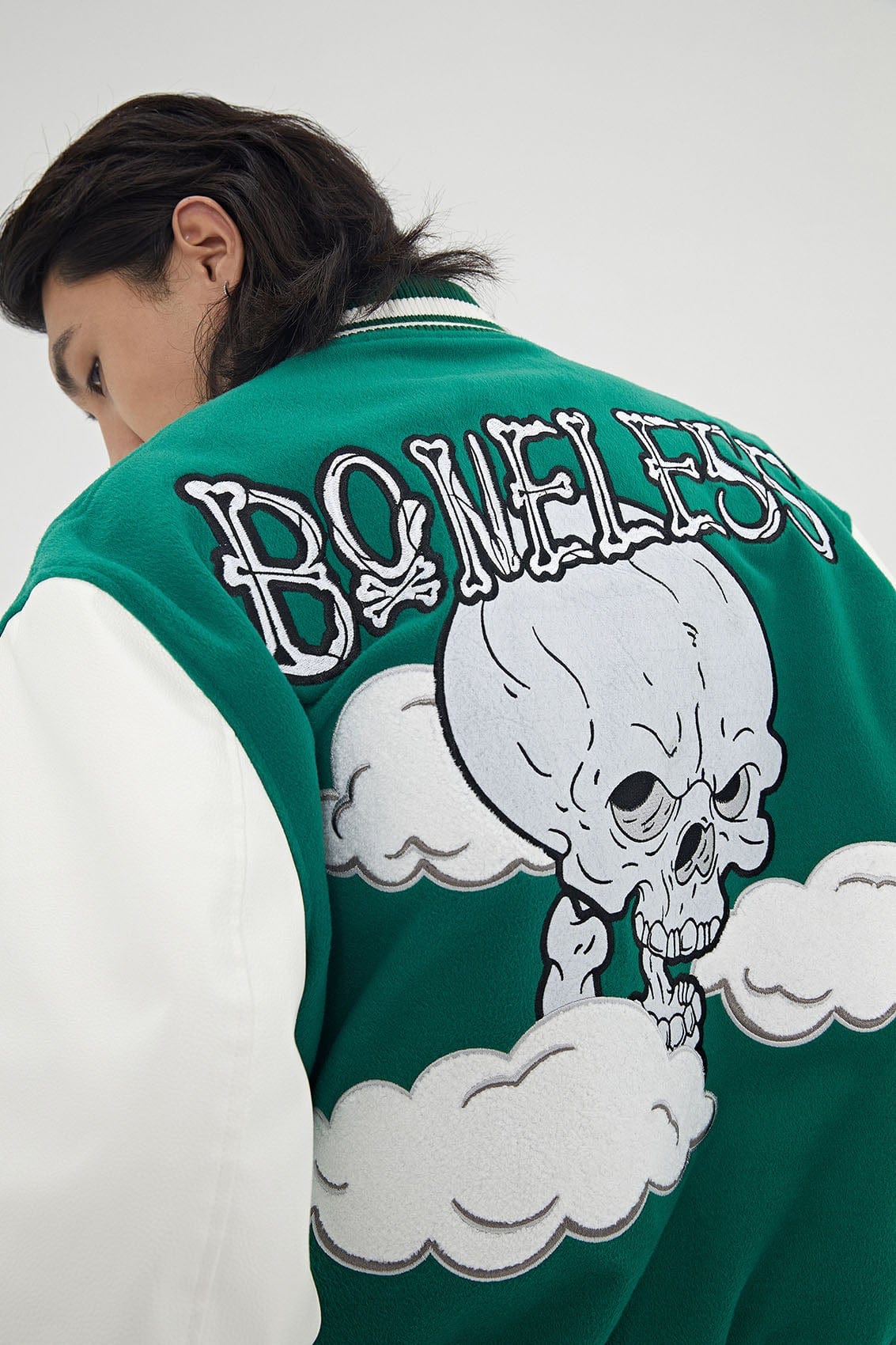 BONELESS Cloud Skeleton Varsity Jacket, premium urban and streetwear designers apparel on PROJECTISR.com, BONELESS