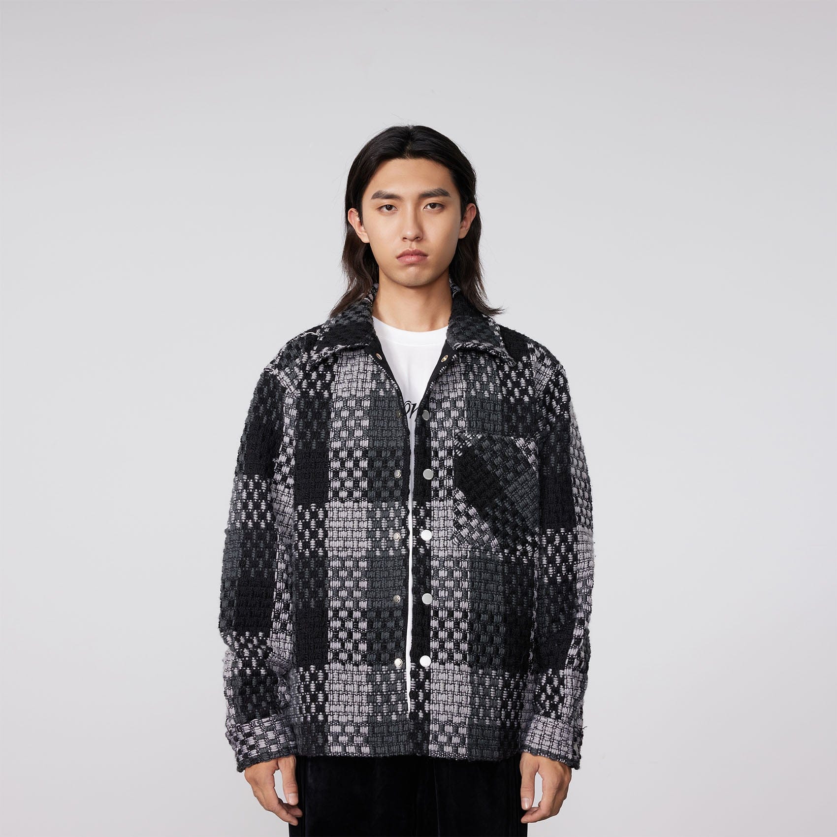 BONELESS Contrast Tweed Plaid Jacket - S / Black&Grey