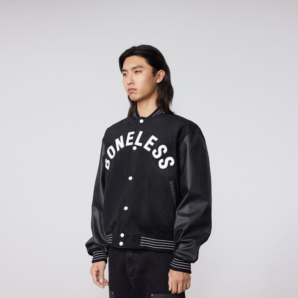 BONELESS Faux Leather Sleeve Varsity Jacket, premium urban and streetwear designers apparel on PROJECTISR.com, BONELESS