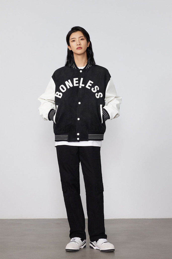 BONELESS Faux Leather Sleeve Varsity Jacket, premium urban and streetwear designers apparel on PROJECTISR.com, BONELESS