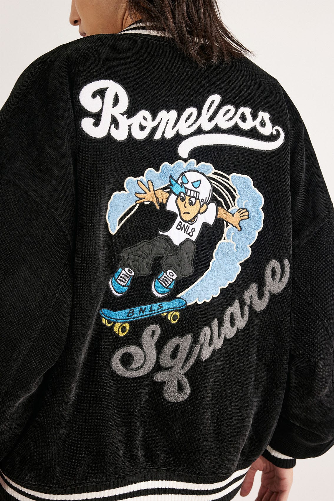 Boneless Slogan Embroidery Varsity Jacket, XL / Black