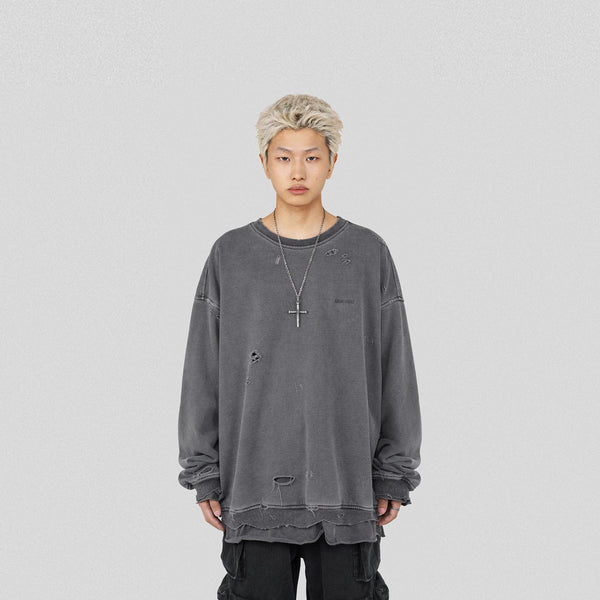 UNDERWATER Raw Edge Layered Distressed Sweatshirt