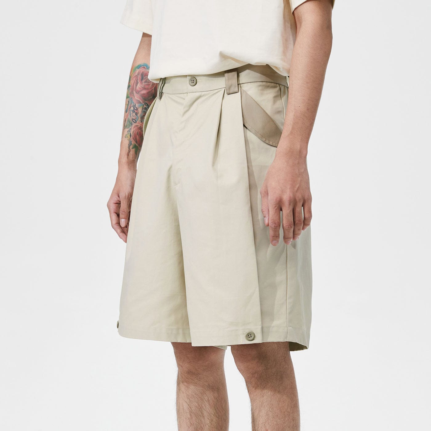 CONKLAB Button Crease Spliced Shorts, premium urban and streetwear designers apparel on PROJECTISR.com, Conklab