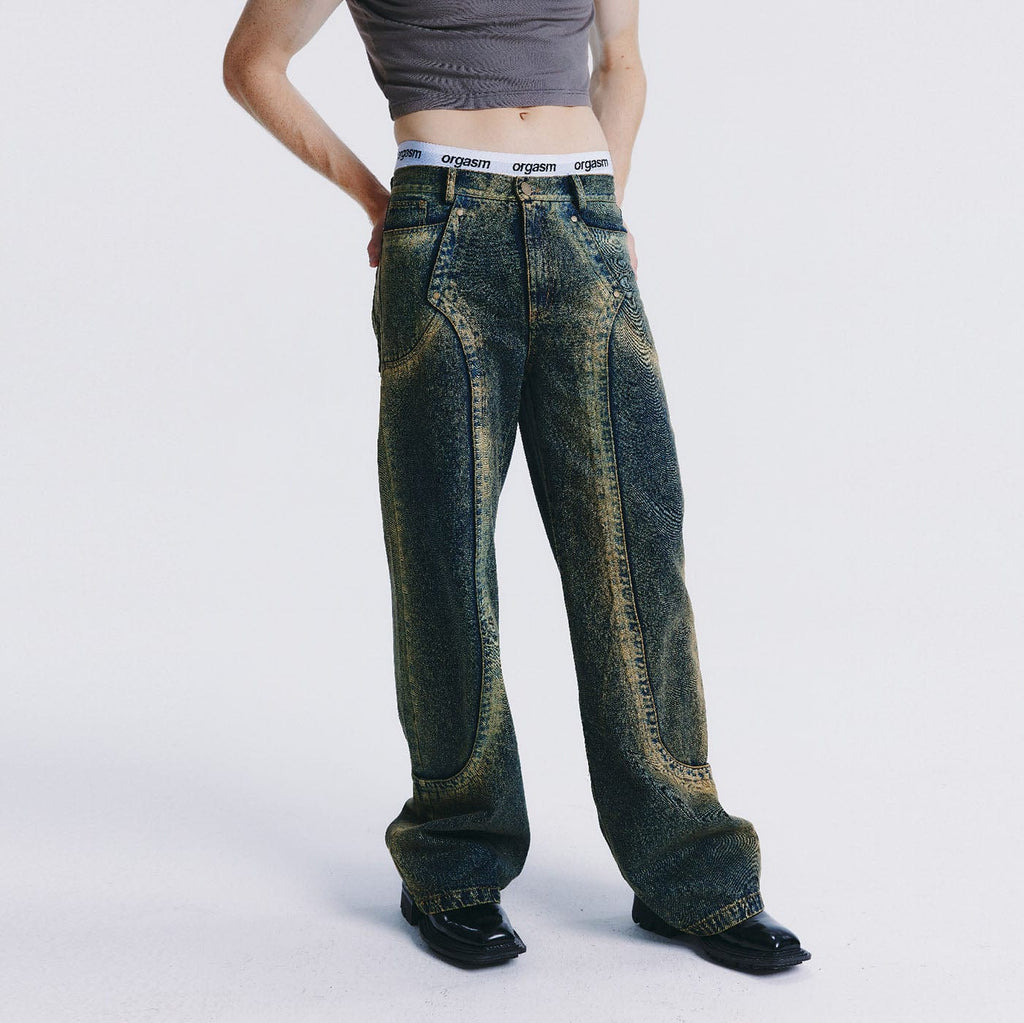 LEONSENSE Acid Wash Spliced Rivet Jeans, premium urban and streetwear designers apparel on PROJECTISR.com, LEONSENSE