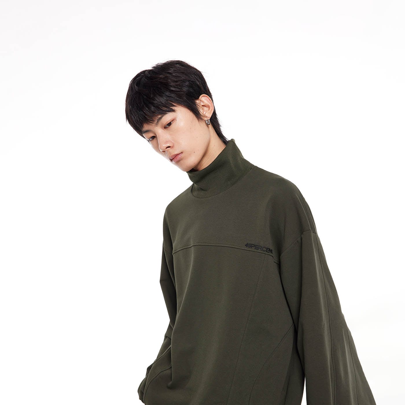 49PERCENT Funnel Neck Modern Spliced Sweatshirt Army Green, premium urban and streetwear designers apparel on PROJECTISR.com, 49PERCENT