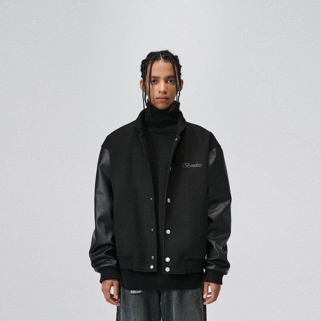 BONELESS Classic Faux Leather Heavy Weight Baseball Jacket, premium urban and streetwear designers apparel on PROJECTISR.com, BONELESS