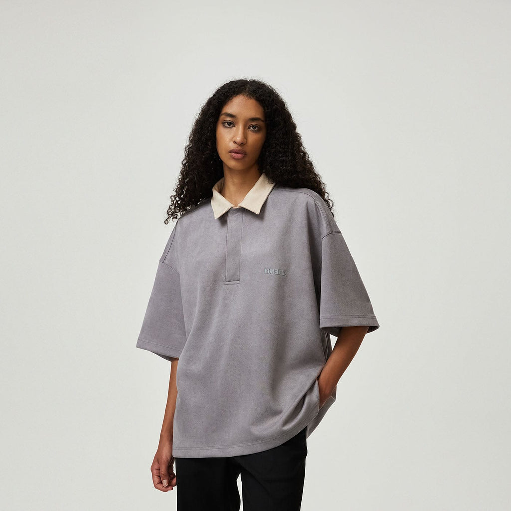BONELESS Faux Suede Polo T-Shirt, premium urban and streetwear designers apparel on PROJECTISR.com, BONELESS