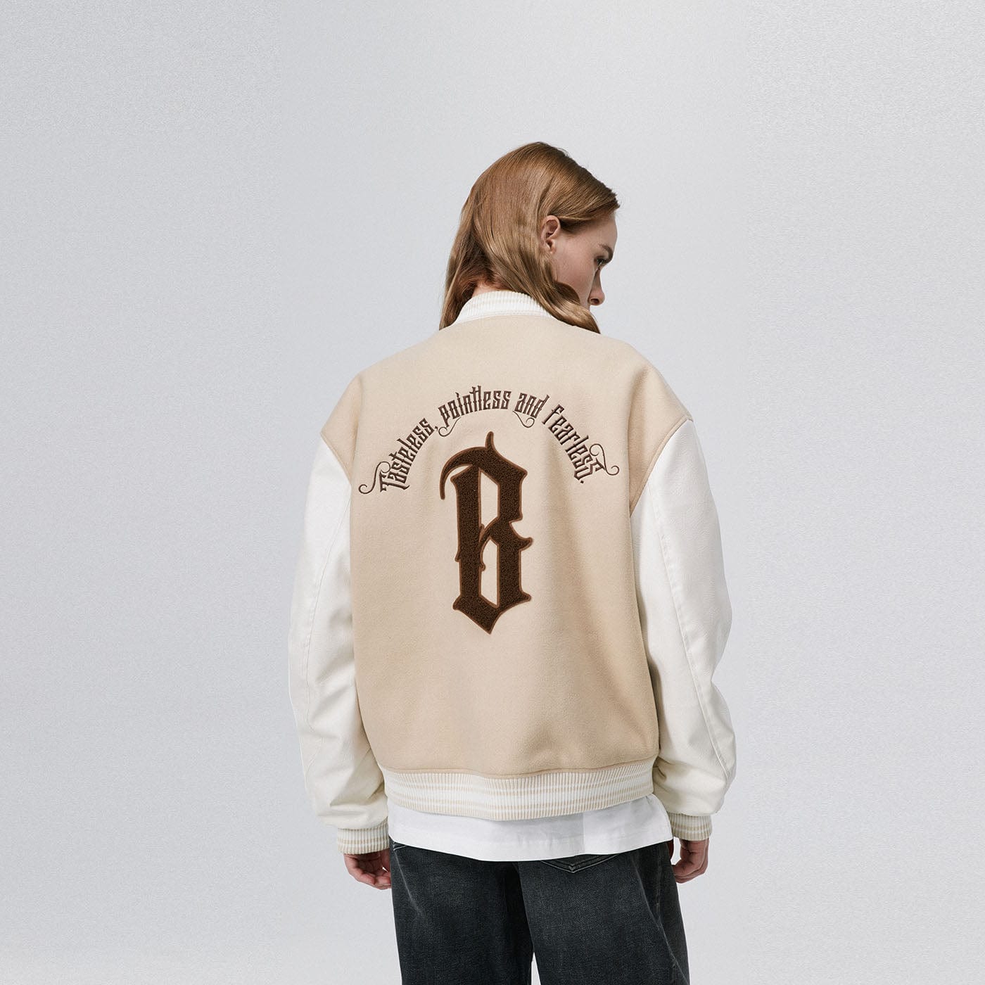 Boneless Slogan Embroidery Varsity Jacket, XL / Black