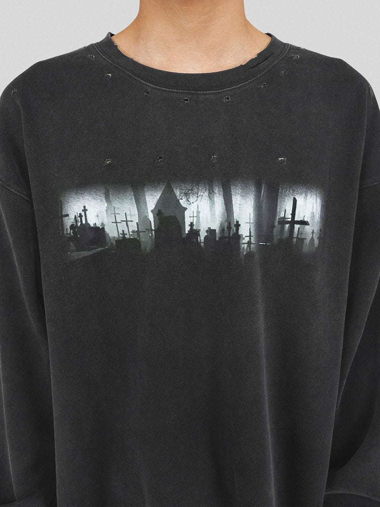 UNDERWATER Ripped Cemetery L/S T-Shirt, premium urban and streetwear designers apparel on PROJECTISR.com, UNDERWATER